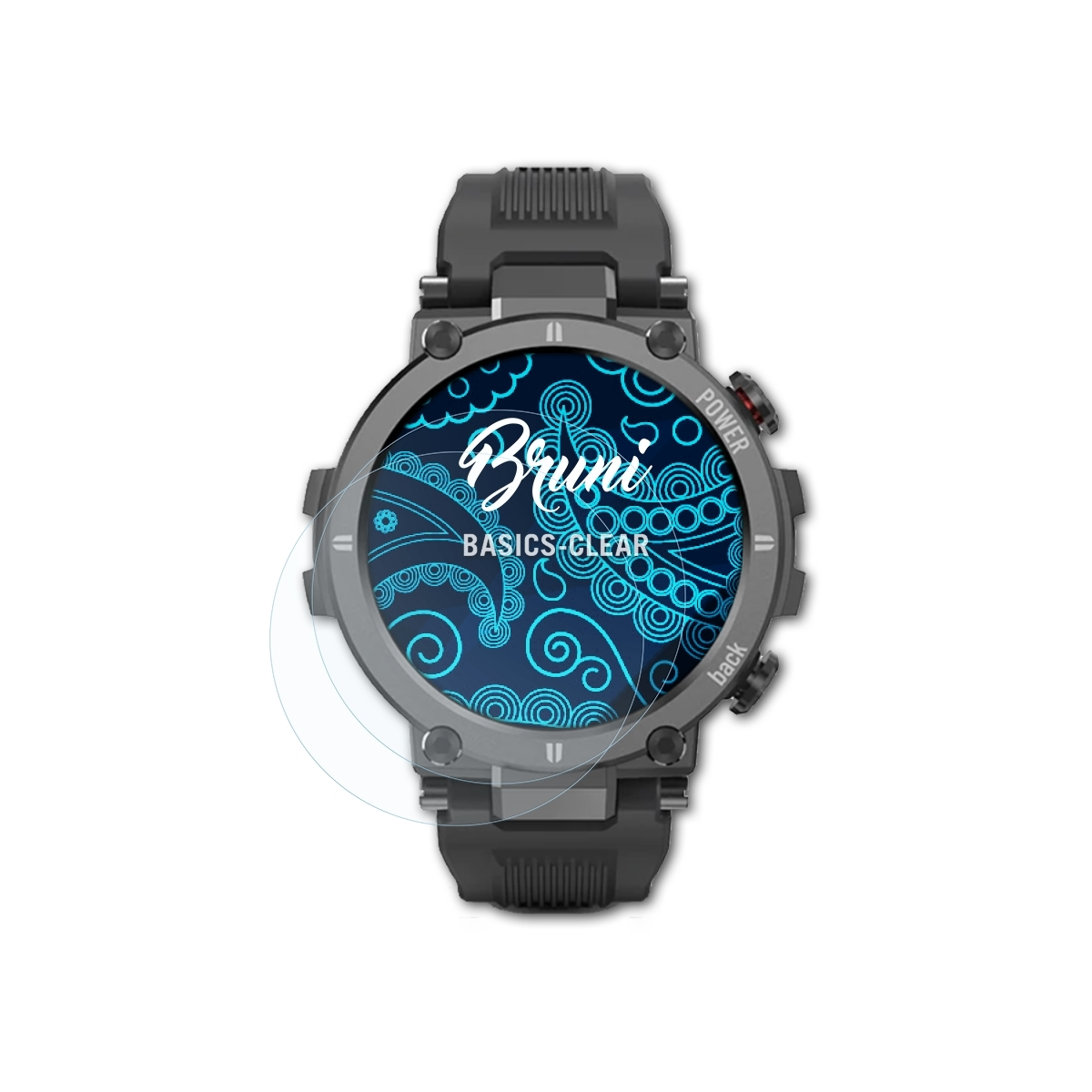 Smartwatch mit Displayschutz, Anzeige einer Oberfläche, auf weißem Hintergrund.