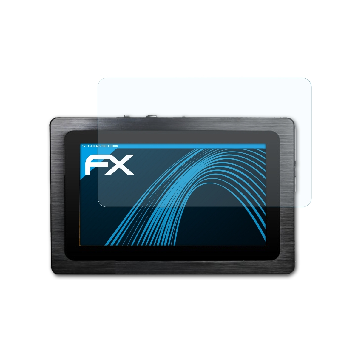 Tablet mit Displayschutz. Display mit blauer Grafik und klarer Displayschutzfolie.