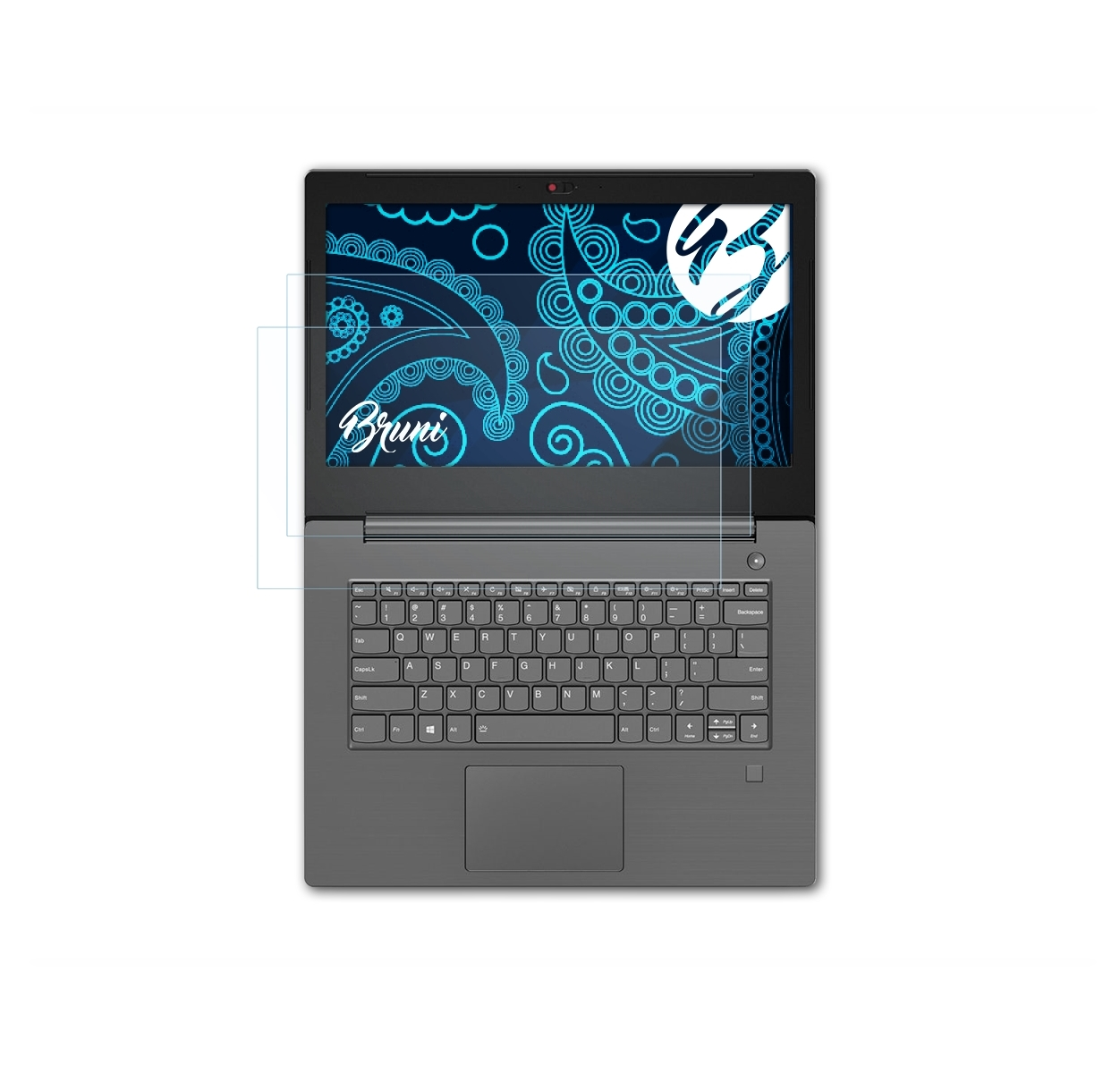 Ein Laptop mit einer Displayschutzfolie, die ein blaues und weißes Paisley-Design zeigt.