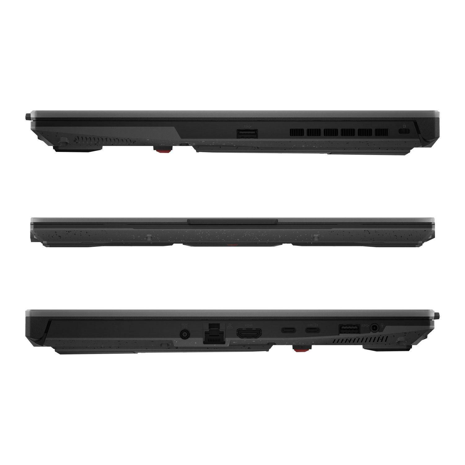 Drei Seitenansichten eines schwarzen Laptops. Die Draufsicht, Seitenansicht und Unteransicht sind gezeigt.