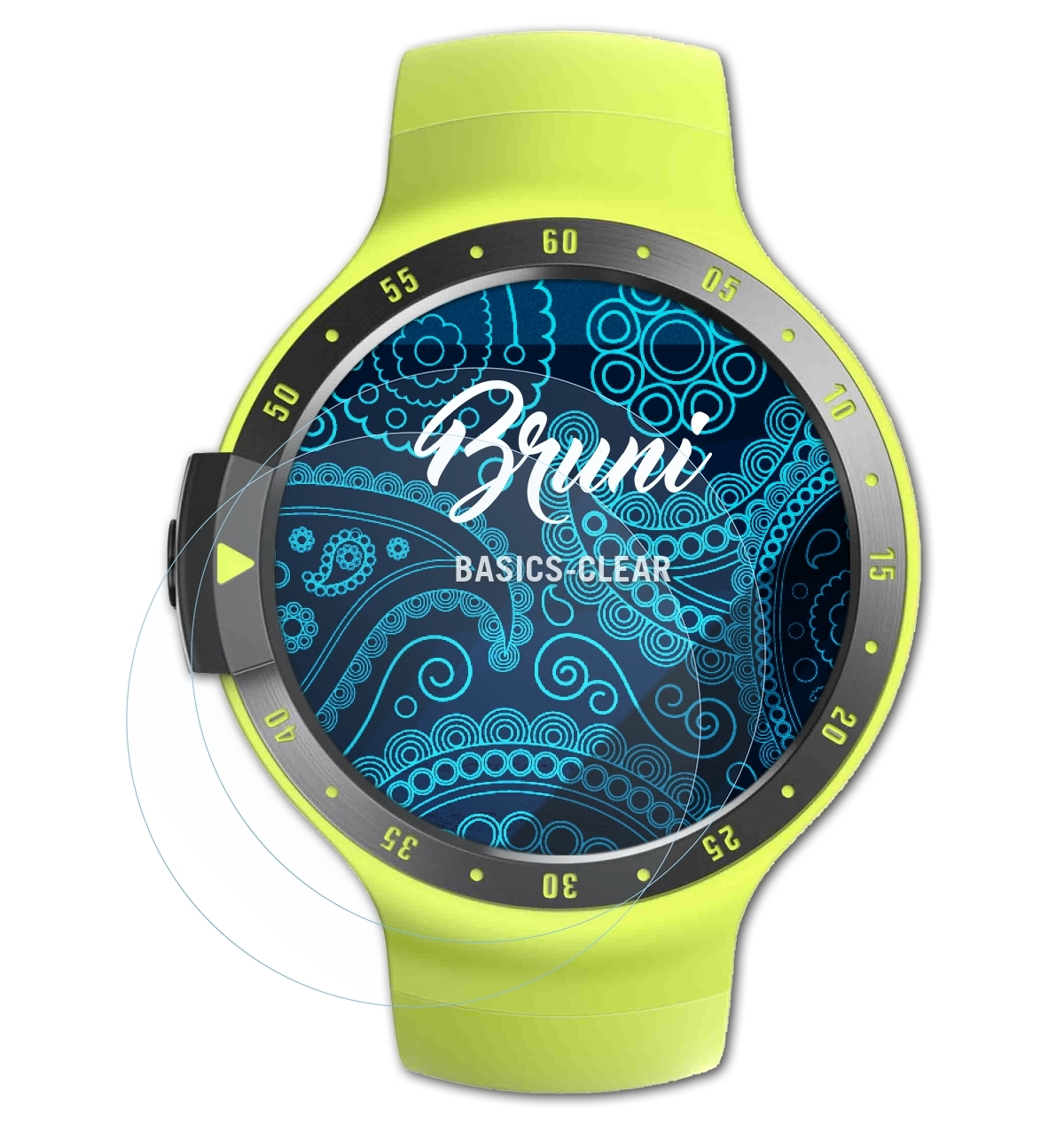 Smartwatch mit Displayschutzfolie. Der Bildschirm hat blaue Muster und weißen Text. Die Uhr ist gelb.