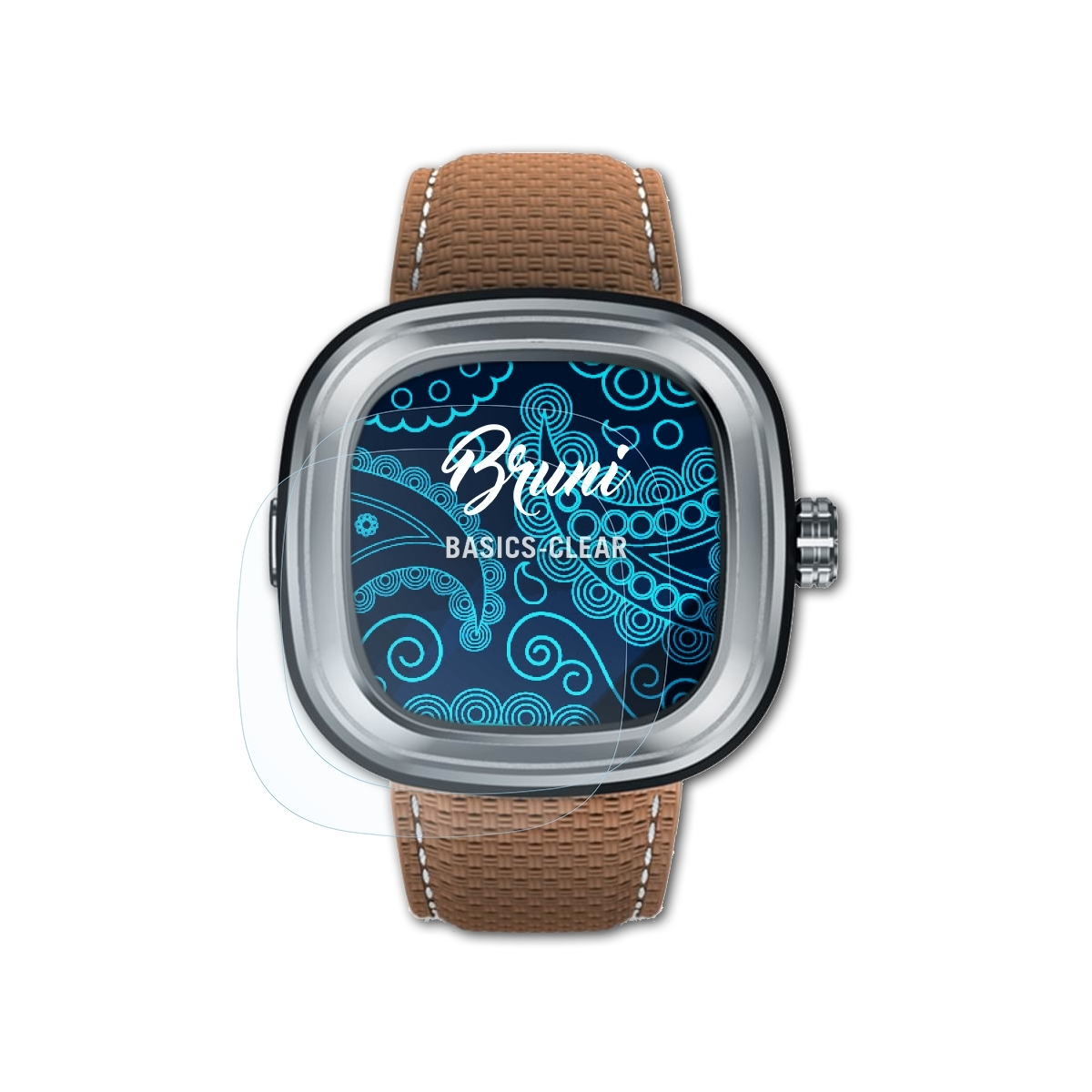 Uhr mit Displayschutzfolie, die ein blaues, gemustertes Design zeigt.