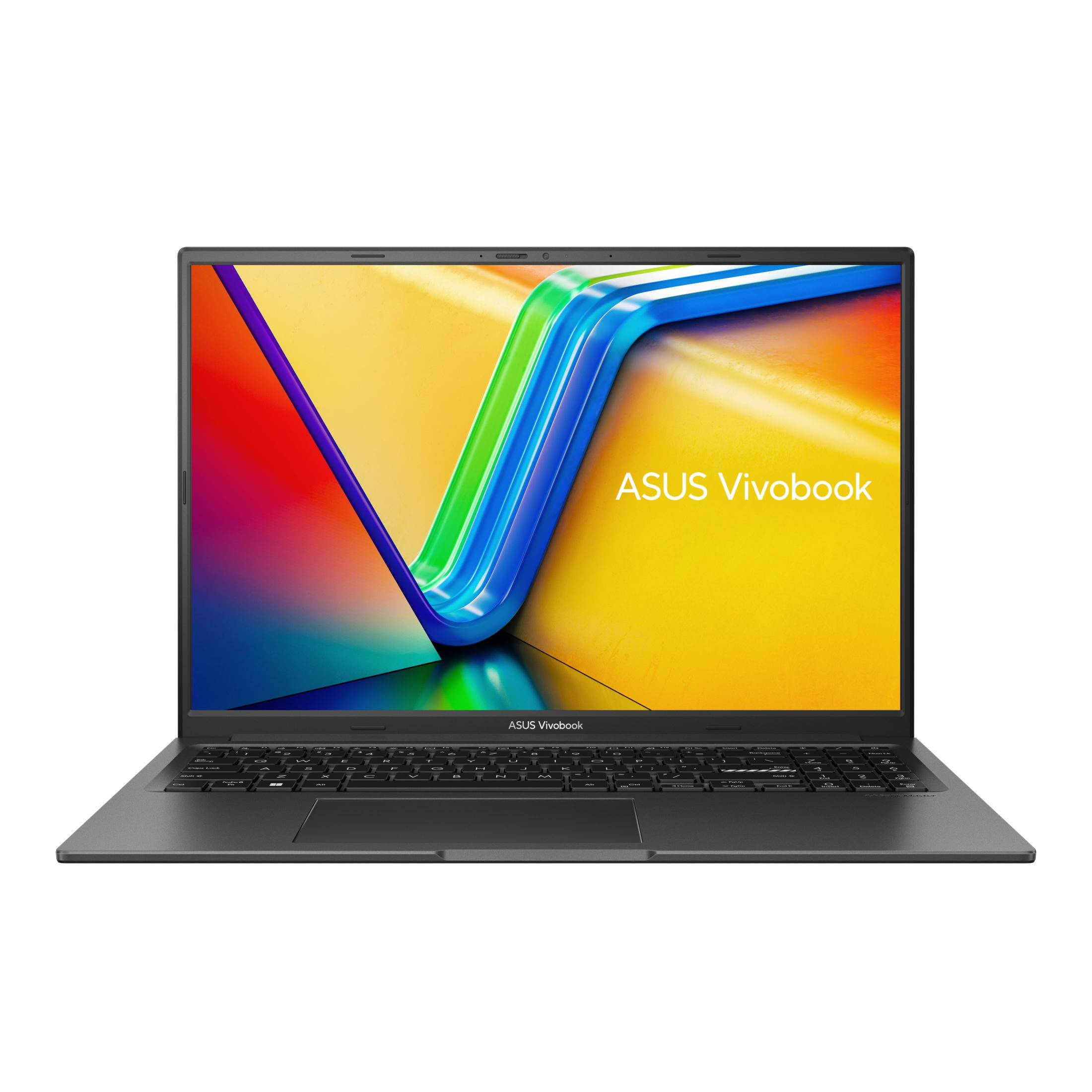 Ein Laptop mit dunkelgrauem Gehäuse. Der Bildschirm zeigt einen gelb-grünen Hintergrund mit blauen Linien und das ASUS-Logo.
