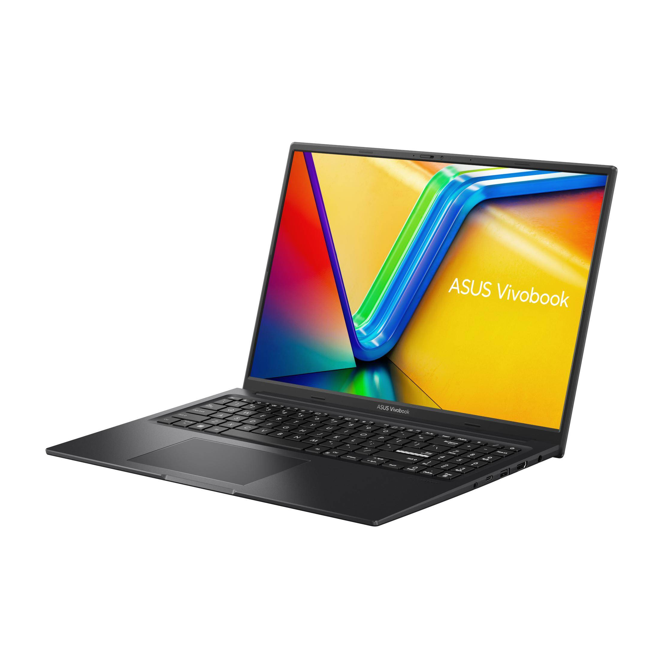 Schwarzer Laptop, der farbenfrohe abstrakte Kunst auf dem Bildschirm anzeigt. ASUS Vivobook-Logo auf dem Bildschirm. Weißer Hintergrund.