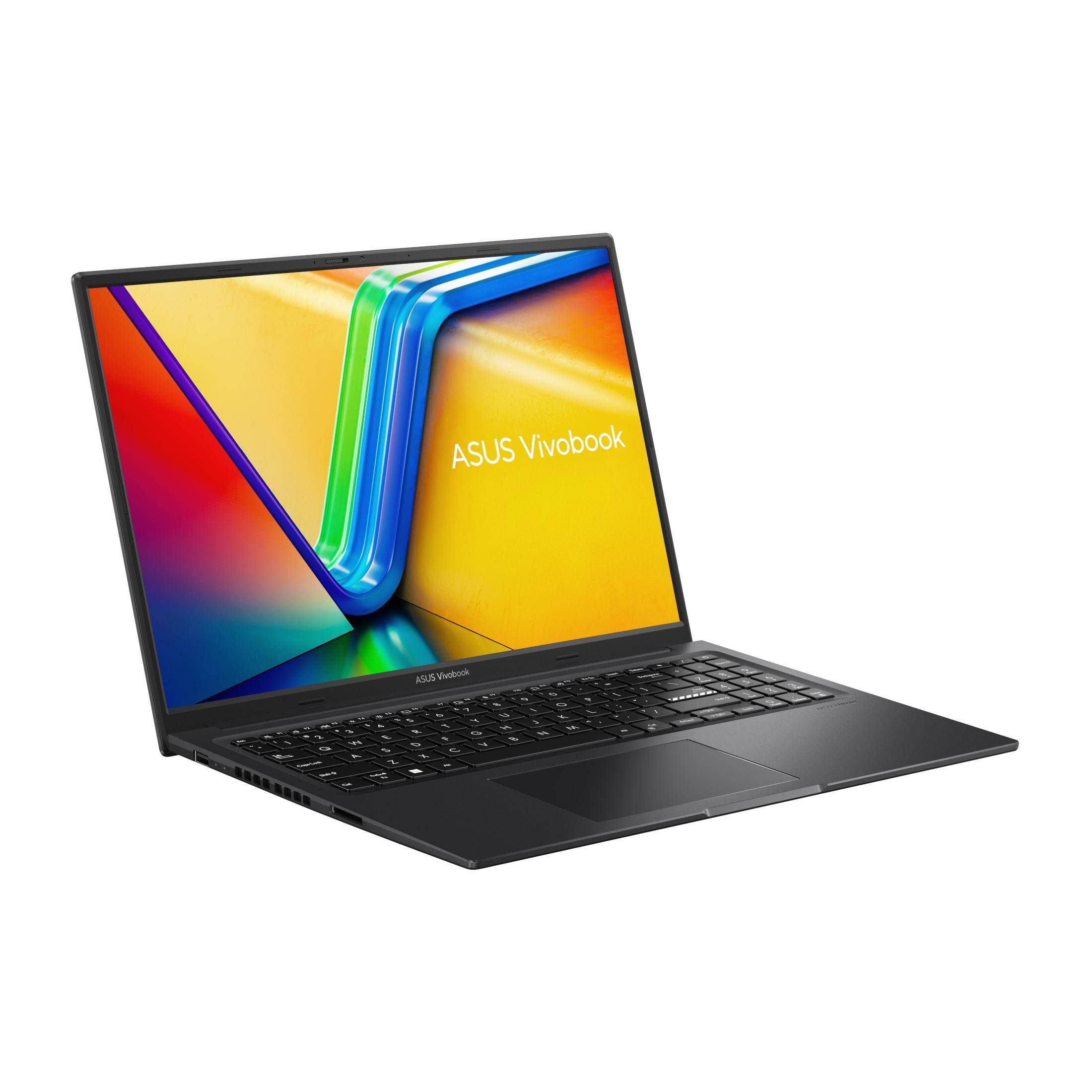 Schwarzer Laptop geöffnet auf weißem Hintergrund. Der Bildschirm zeigt eine farbenfrohe Anzeige und die Marke ASUS Vivobook.