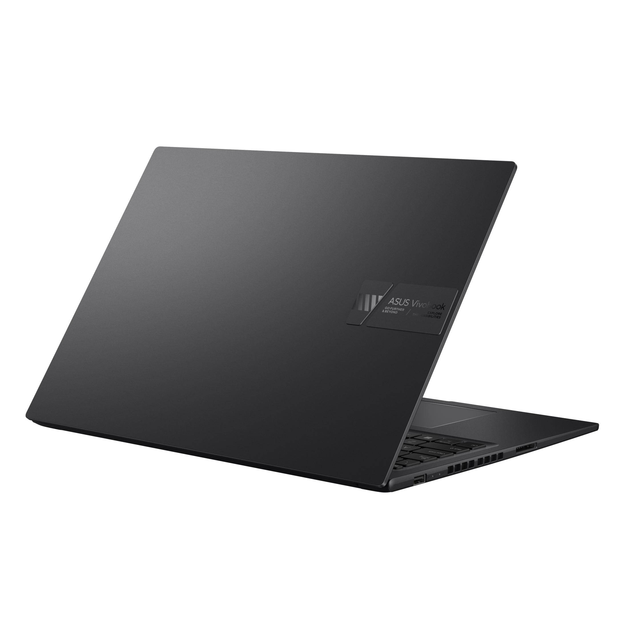 Schwarzer Laptop, die Rückseite zeigend. ASUS Vivobook Logo sichtbar. Weißer Hintergrund.