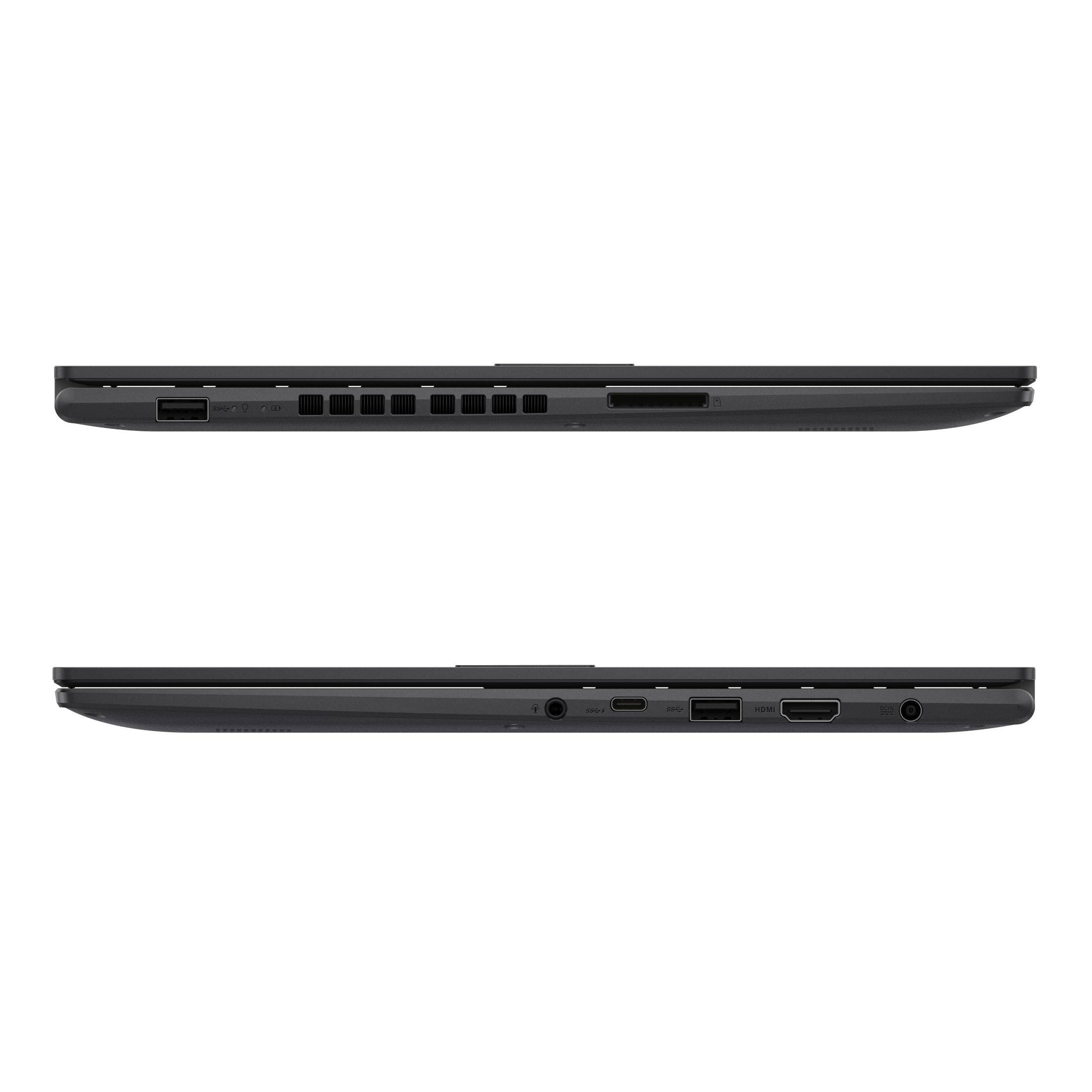 Zwei Seitenansichten eines dunkelgrauen Laptops. Die obere Ansicht zeigt die Anschlüsse, die untere Lüftungsschlitze.