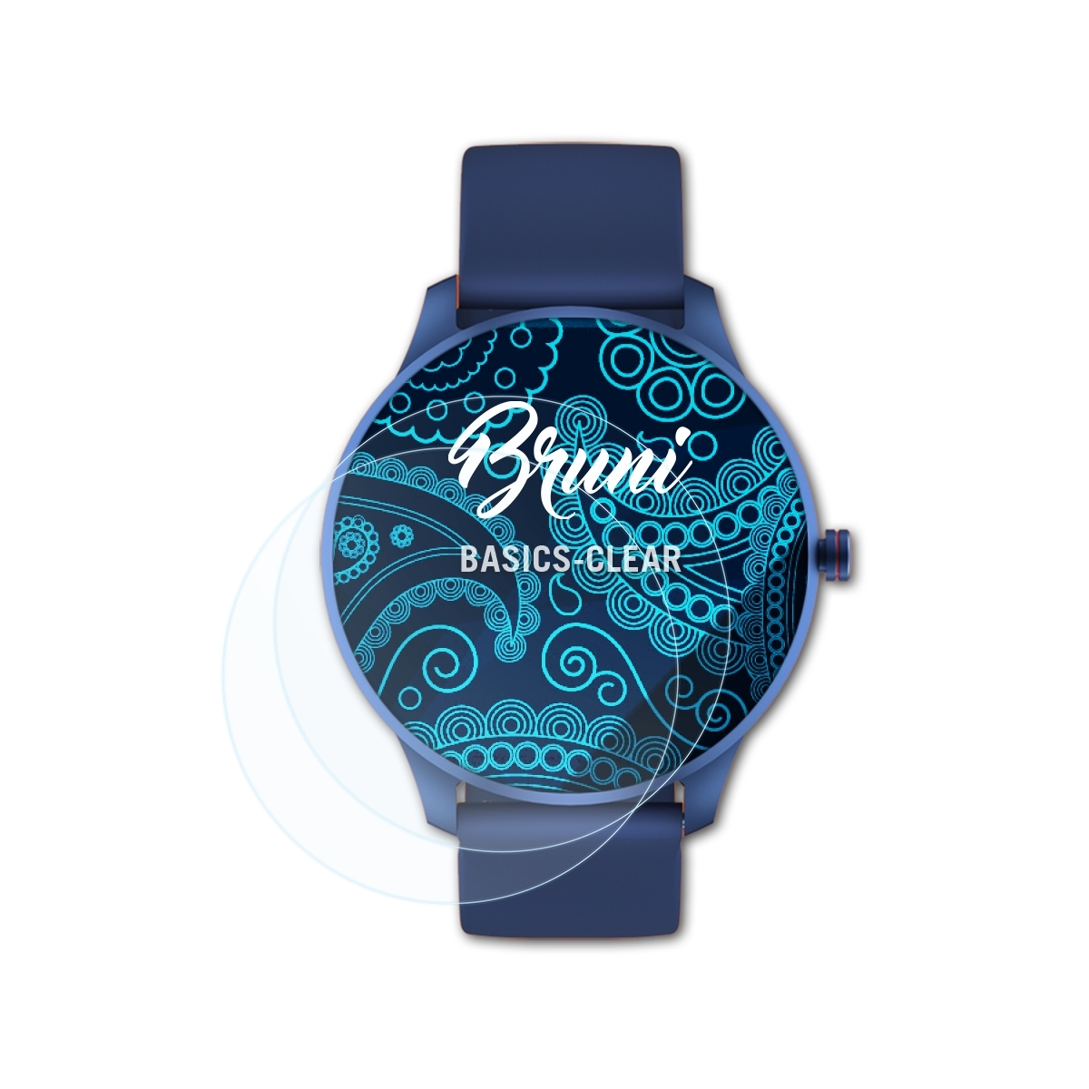 Eine blaue Smartwatch mit angebrachter klarer Displayschutzfolie.