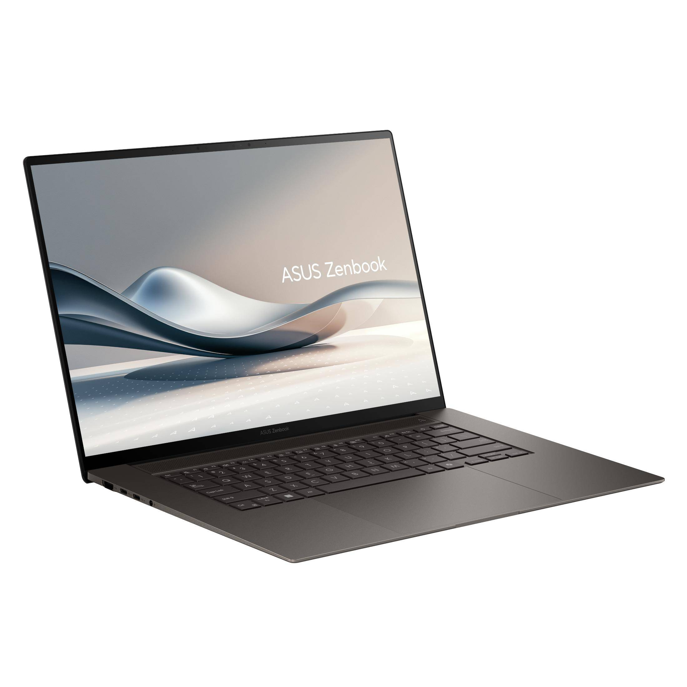 Ein geöffneter Laptop auf einer weißen Oberfläche. Der Bildschirm zeigt das ASUS Zenbook-Logo.