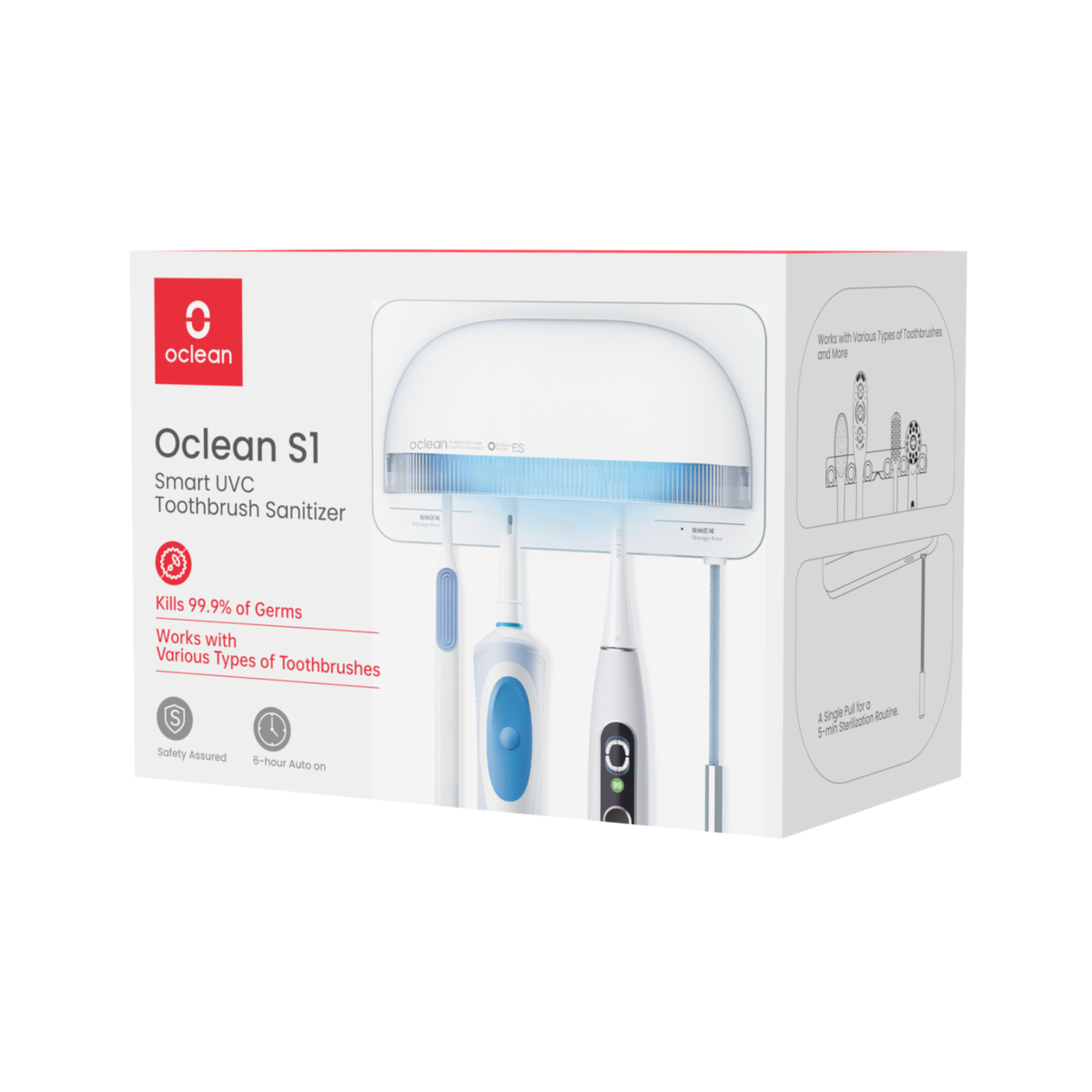 Sanitizador de cepillos de dientes en caja con tres cepillos de dientes dentro e información del producto.