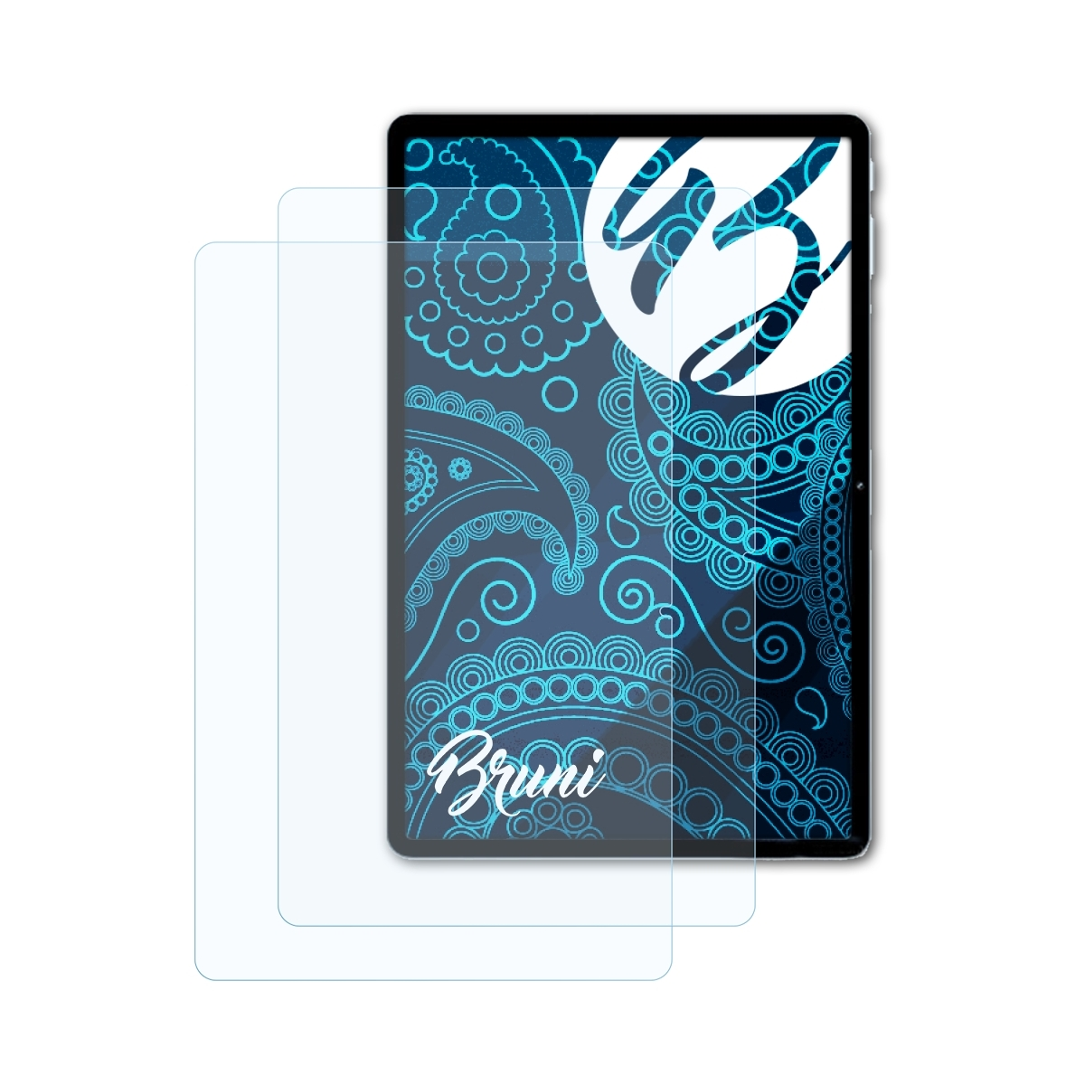 Zwei klare Displayschutzfolien neben einem Tablet, das ein blaues Paisley-Muster und ein Bruni-Logo zeigt.