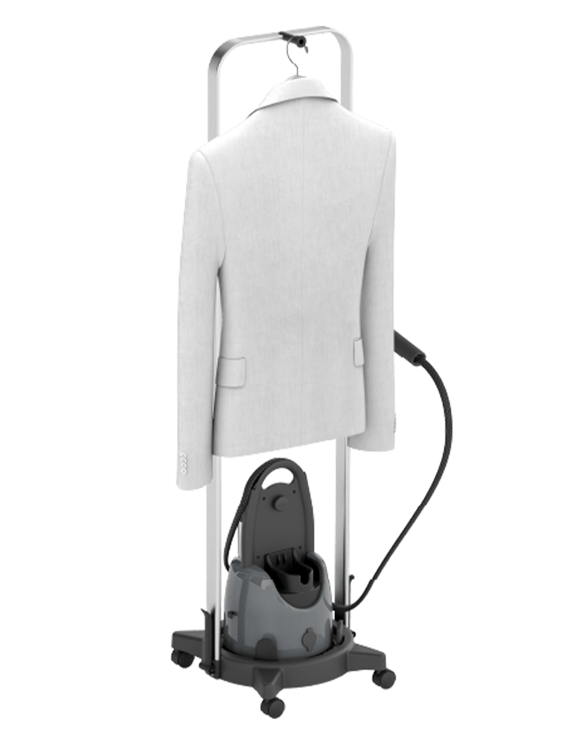 Weiße Jacke auf einem Steamer-Ständer mit grauem Sockel, auf weißem Hintergrund.