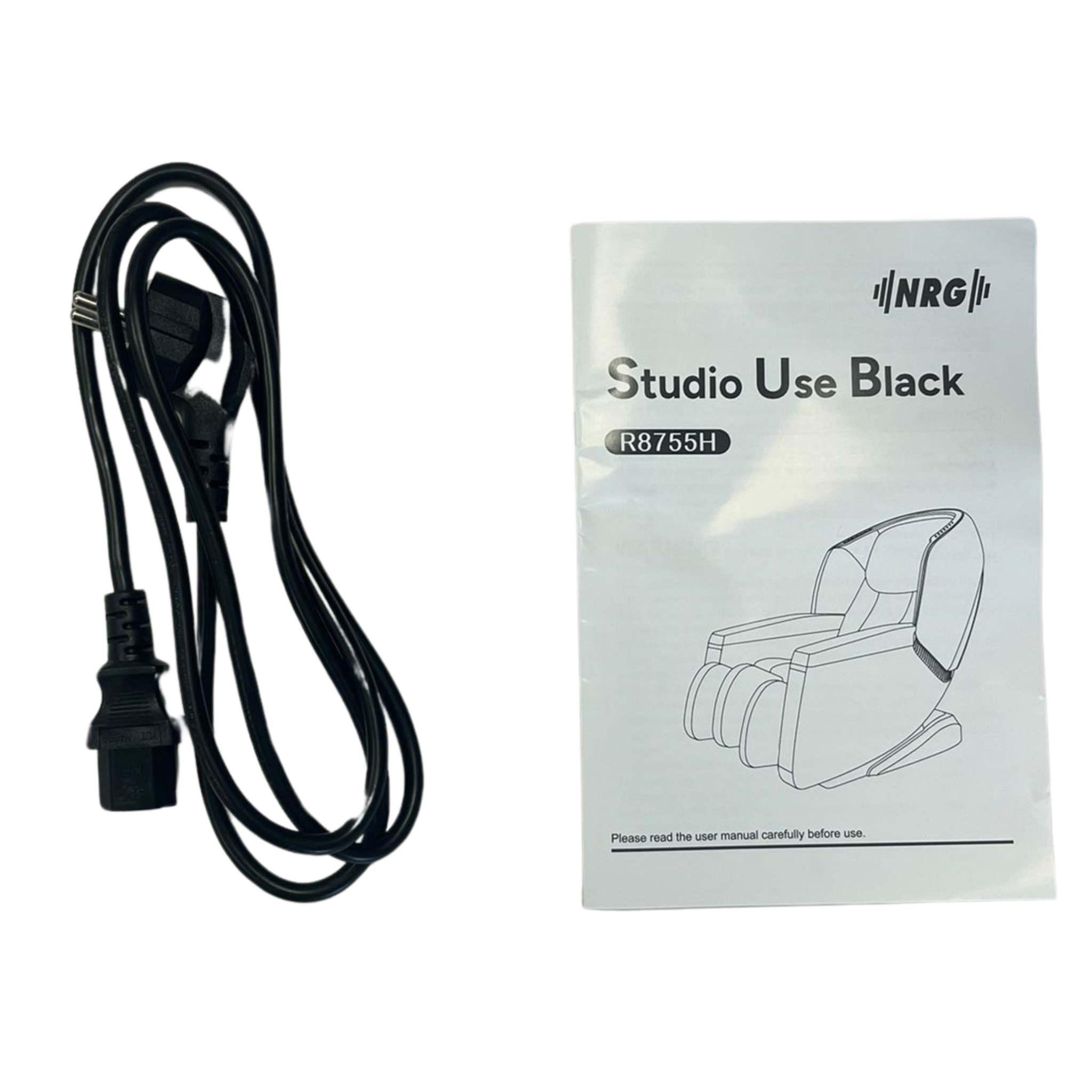 Black power cord and a white manual titled 'Studio Use Black'. An image of a chair is on the manual.