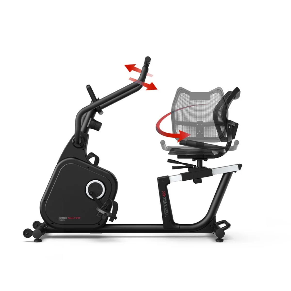 Black exercise bike with a rotating seat and adjustable handles. White background.