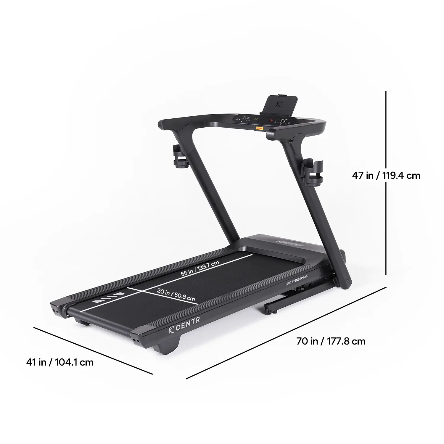 Black treadmill with dimensions labeled. Shows length, width, and height measurements in inches and cm.