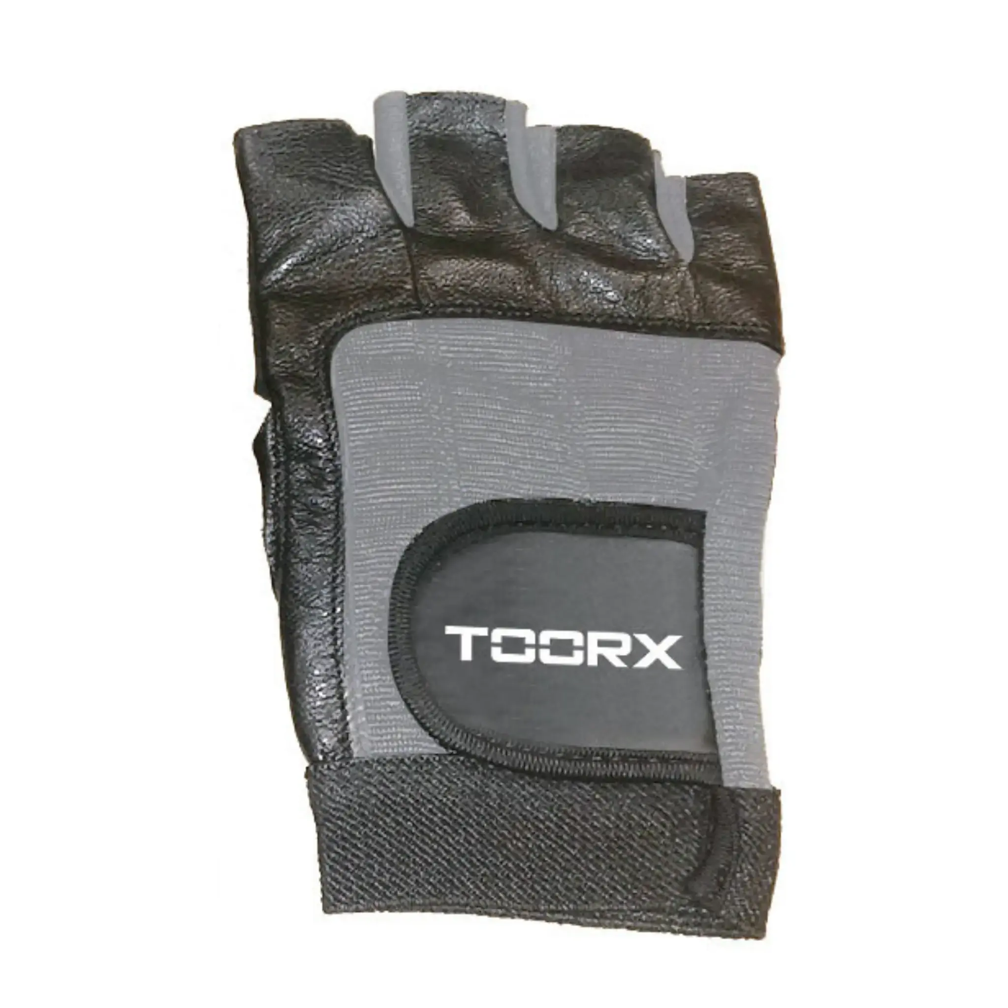 Zwarte en grijze gewichthefhandschoen met de tekst 'TOORX'. De handschoen heeft afgesneden vingers.