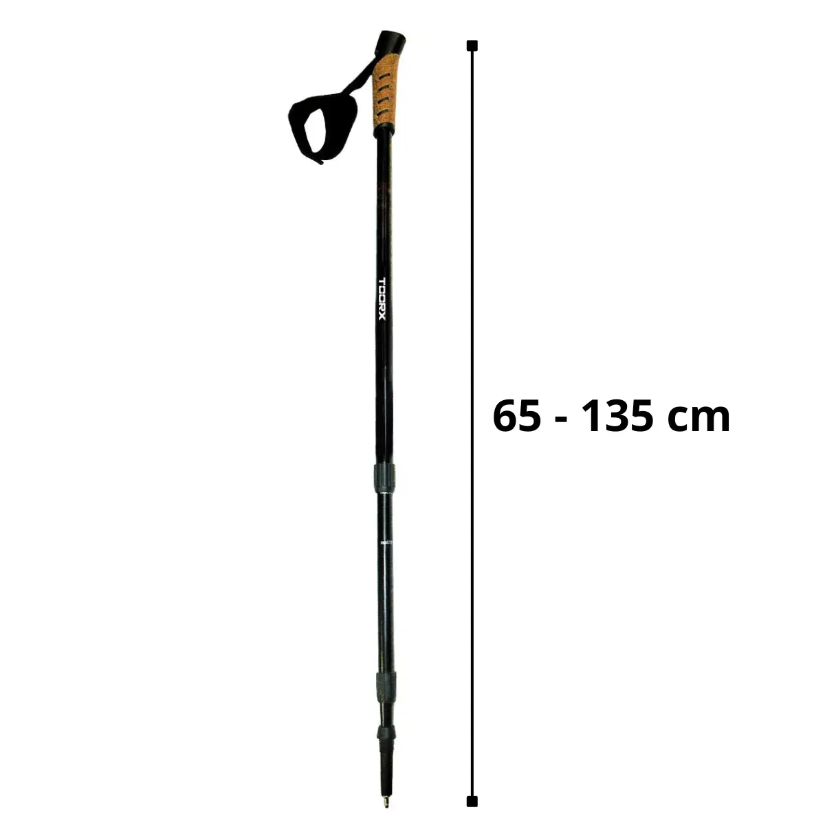 Black and brown hiking stick. The stick is extended. The stick length is 65-135 cm.