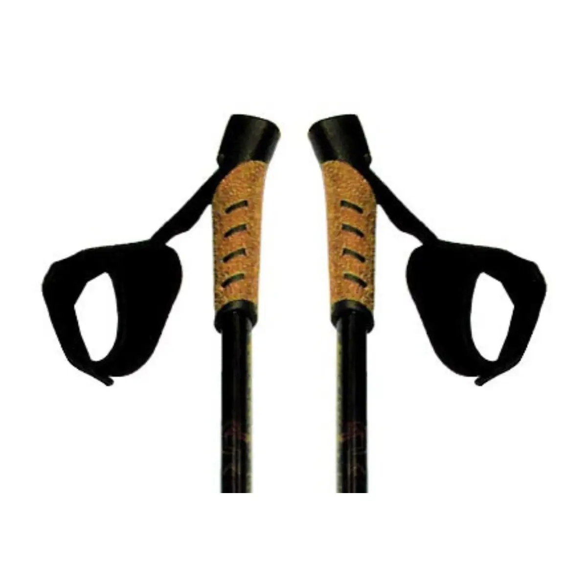 Pair of black and tan ski poles with straps, on a white background.