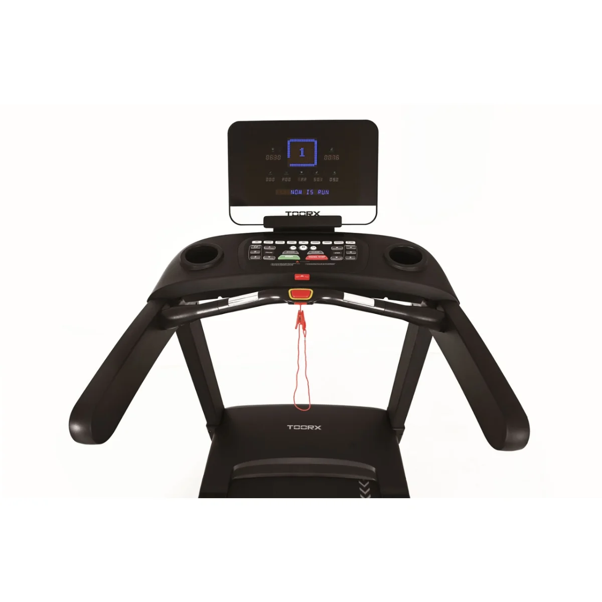Black treadmill with screen and handles. Red safety cord hangs down.