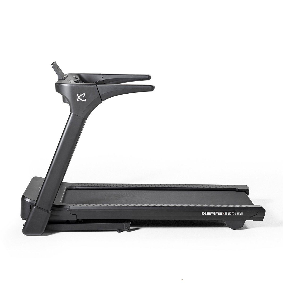 Treadmill. Black treadmill with gray details. White background.