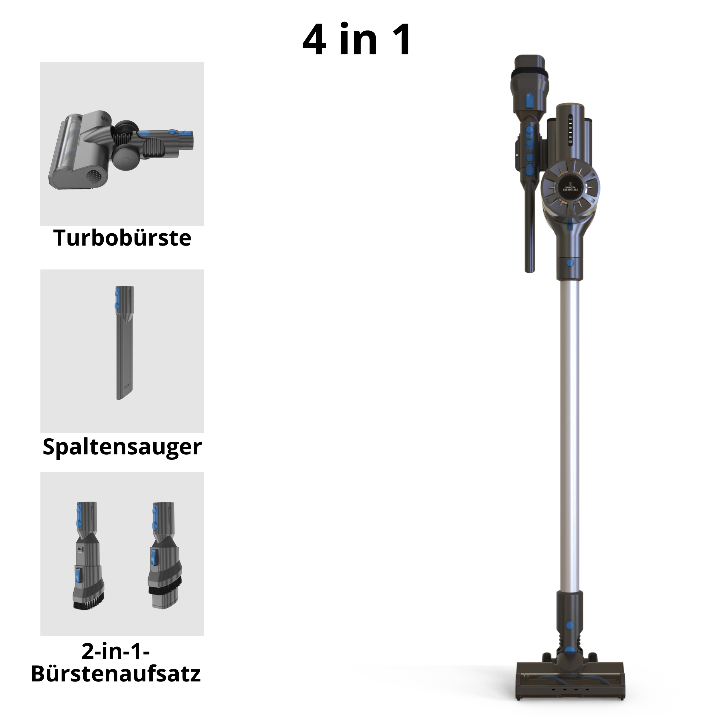 Ein Staubsauger mit 4 Aufsätzen, darunter eine Turbobürste und eine Fugendüse, weißer Hintergrund.