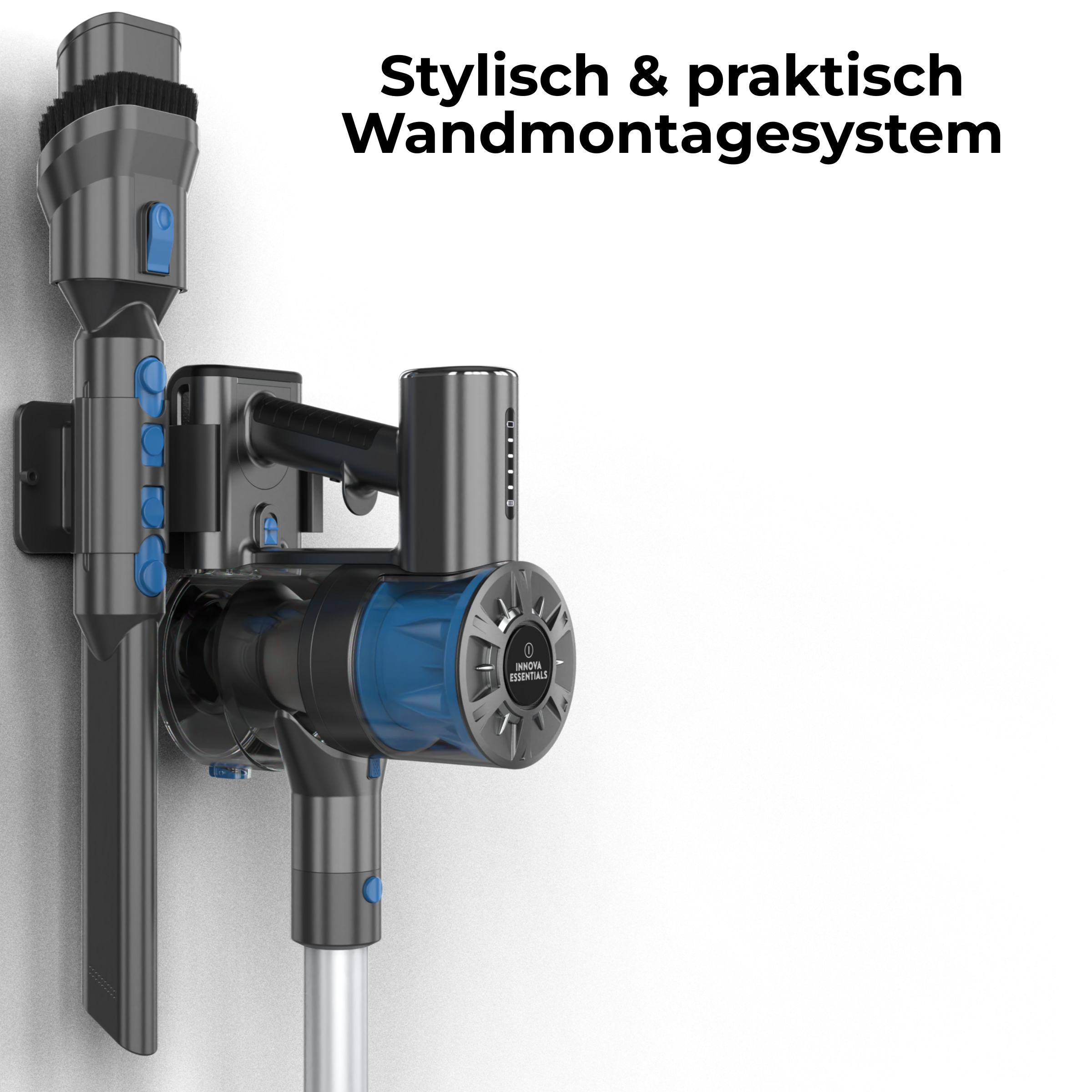 Ein Staubsauger an der Wand montiert, mit Text darüber.