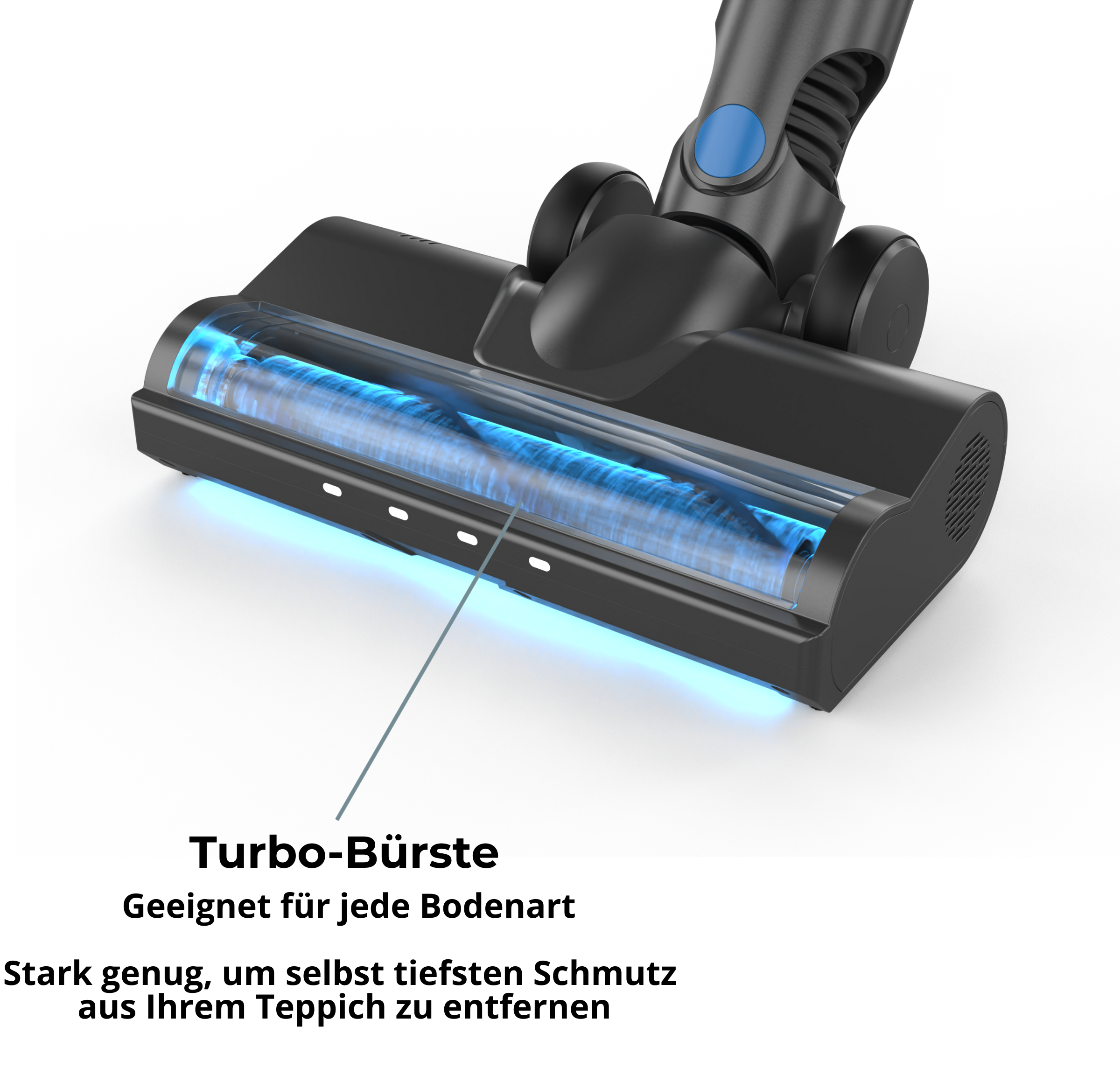 Nahaufnahme eines Staubsaugerkopfes. Der Kopf ist schwarz mit blauem Licht im Inneren.