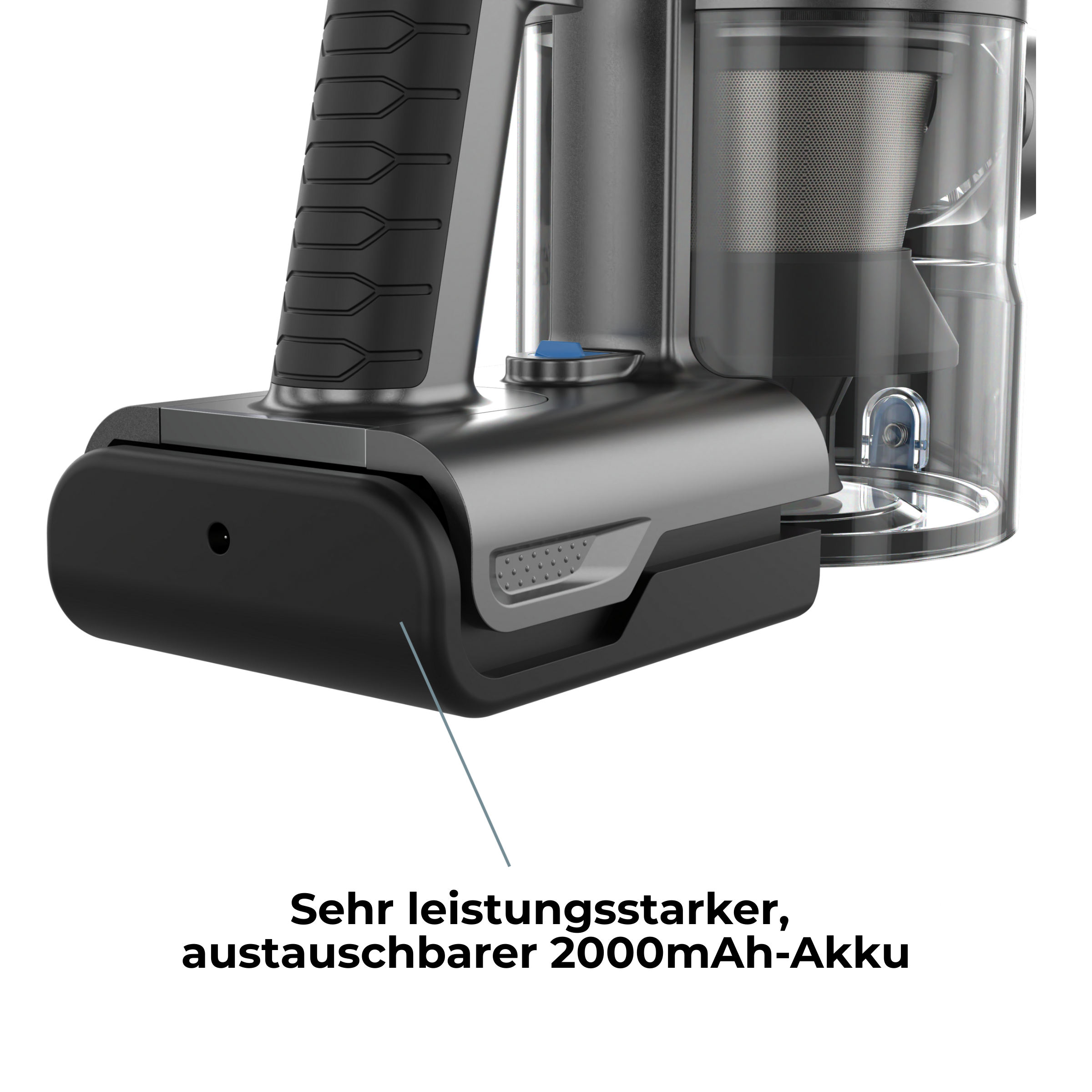 Nahaufnahme eines schwarzen und grauen Staubsaugerfußes mit Akku und deutscher Textbeschriftung.