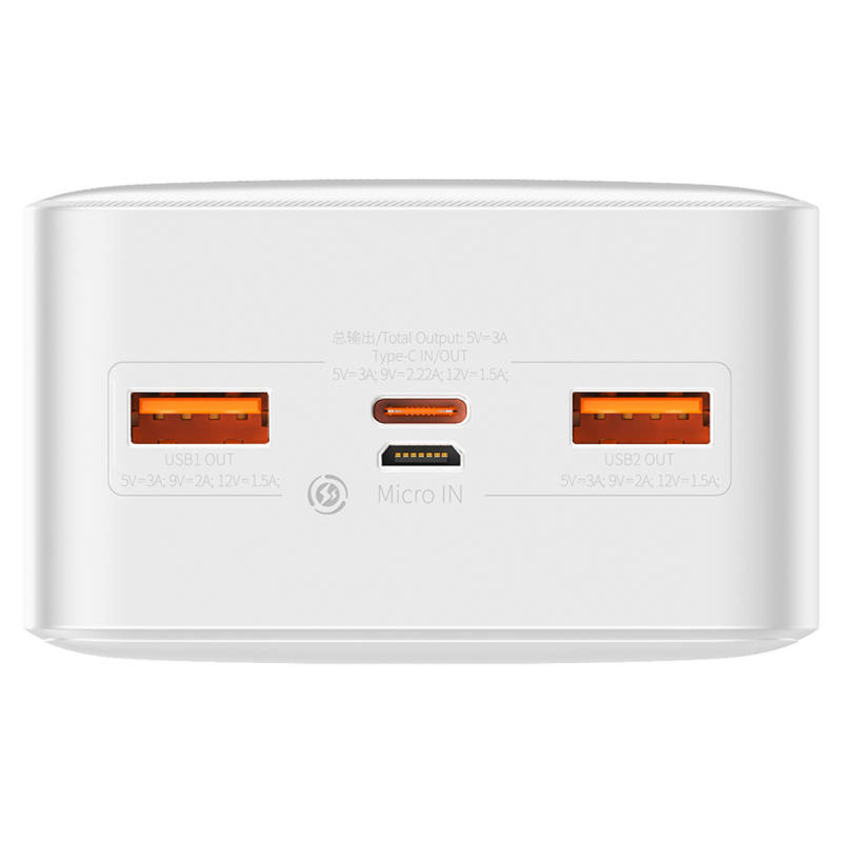 Banco de energía blanco con puertos USB. Texto rotula puertos y puerto Micro-in en el centro.