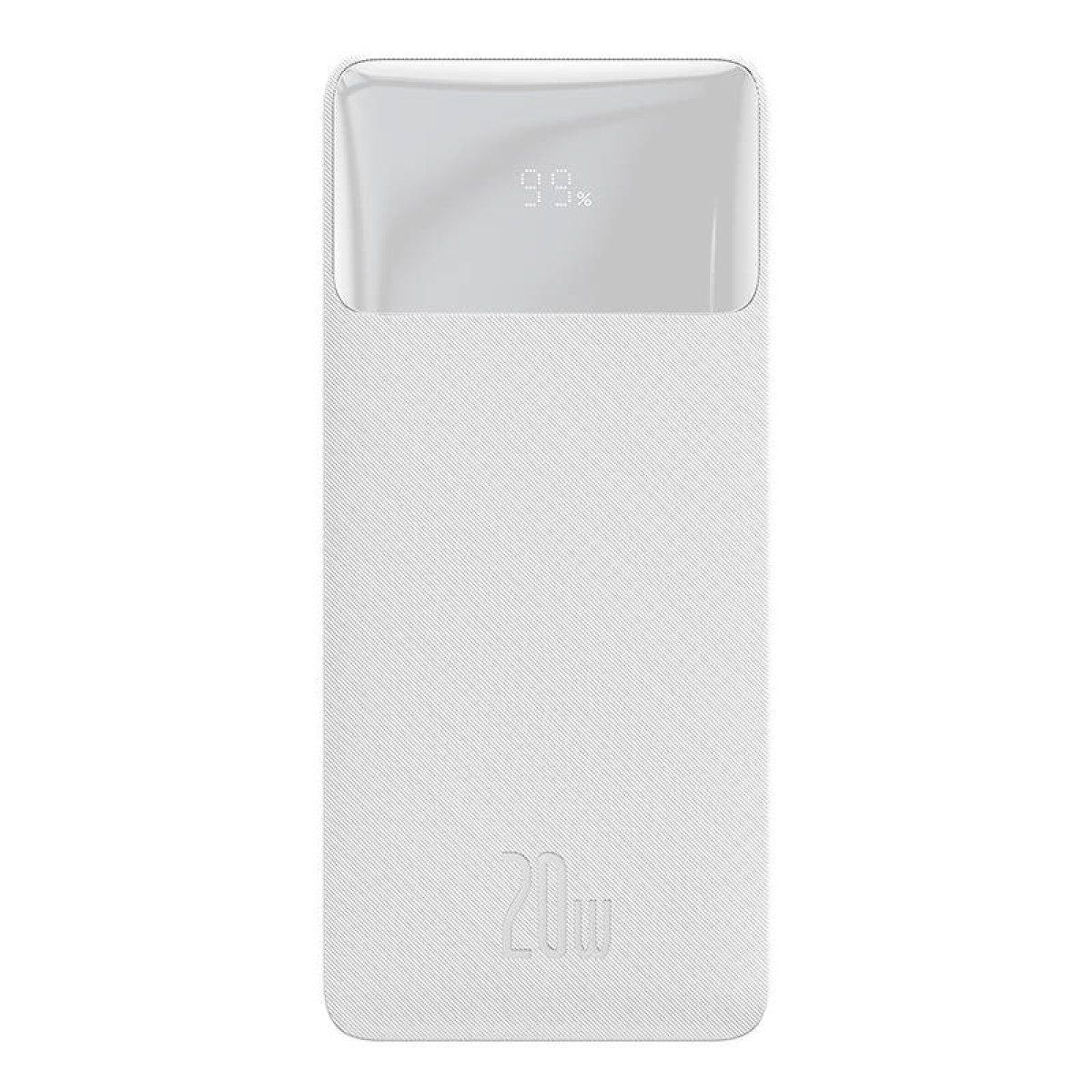 Cargador portátil blanco con una pantalla que muestra 99% y 20W. Fondo blanco.