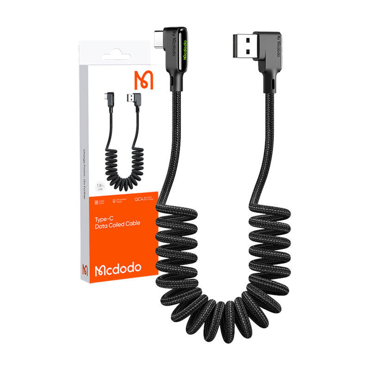 Schwarzes, gewendeltes Typ-C-Datenkabel mit einer Box. Das Kabel hat zwei Stecker.