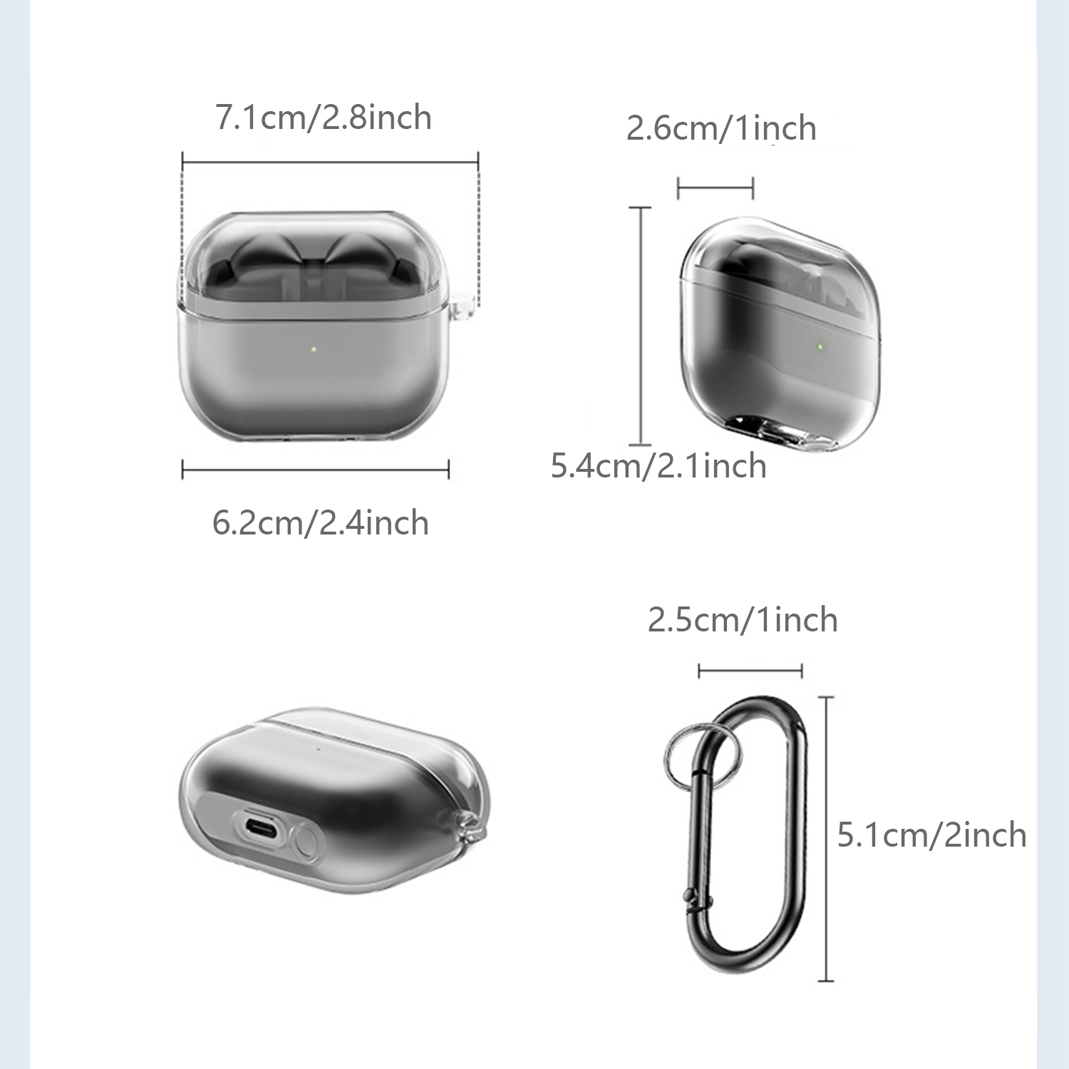 Custodia protettiva trasparente per AirPods. Vengono mostrate le dimensioni, incluso un moschettone.