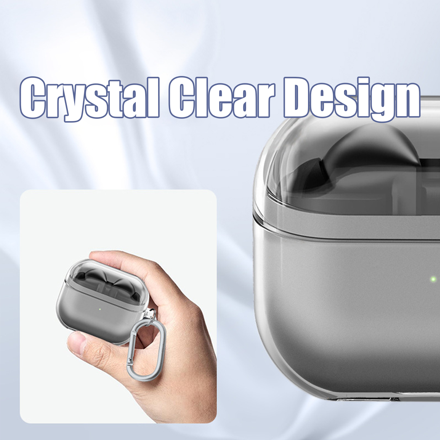 Custodia AirPods. Una custodia AirPods trasparente con moschettone argentato, tenuta in mano.
