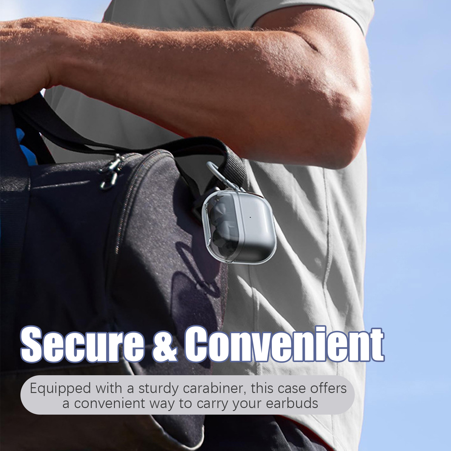 Persona che tiene una borsa nera con custodia per auricolari. Il testo recita 'Secure & Convenient'.