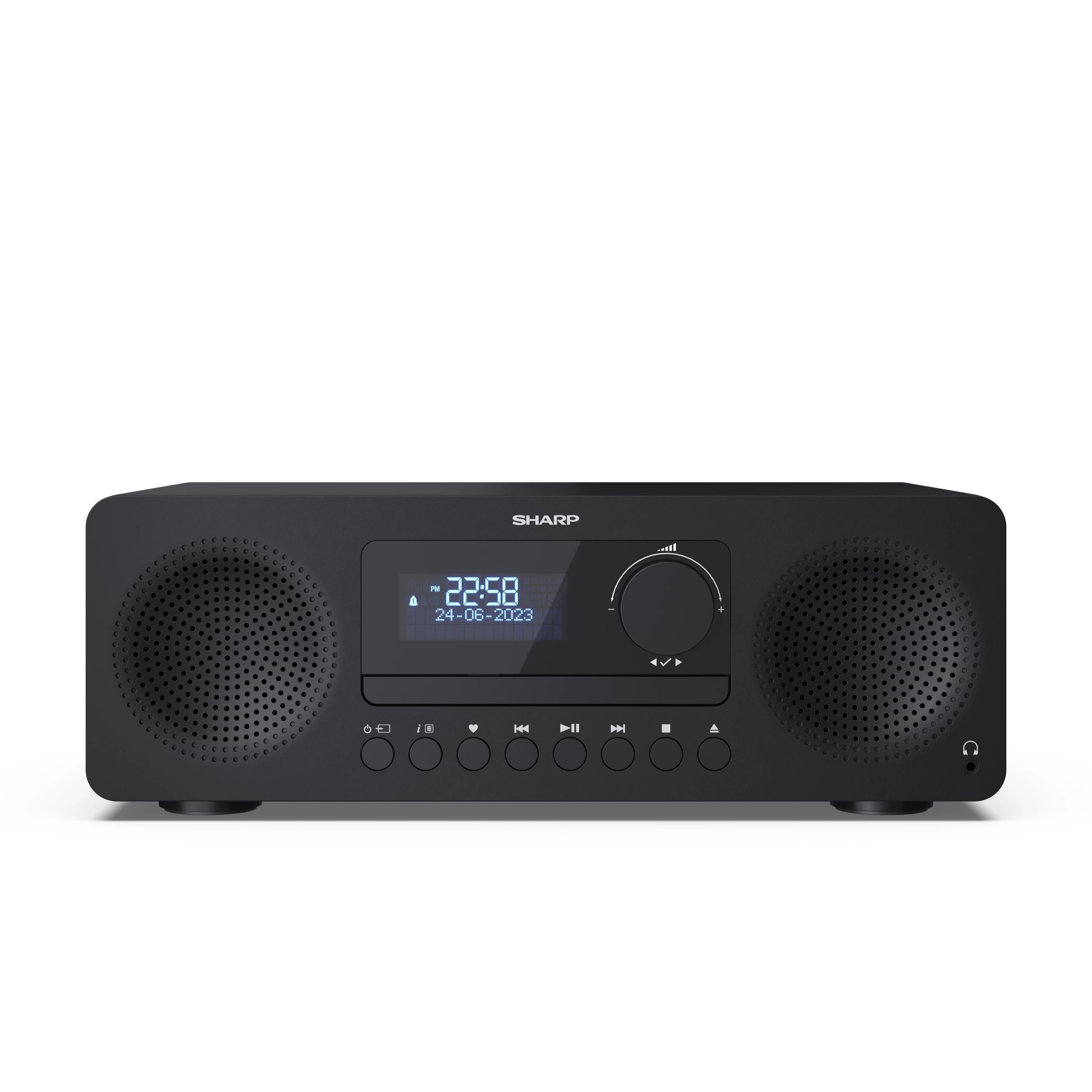 Radio digital negro con pantalla y botones, mostrando la hora. Fondo blanco.