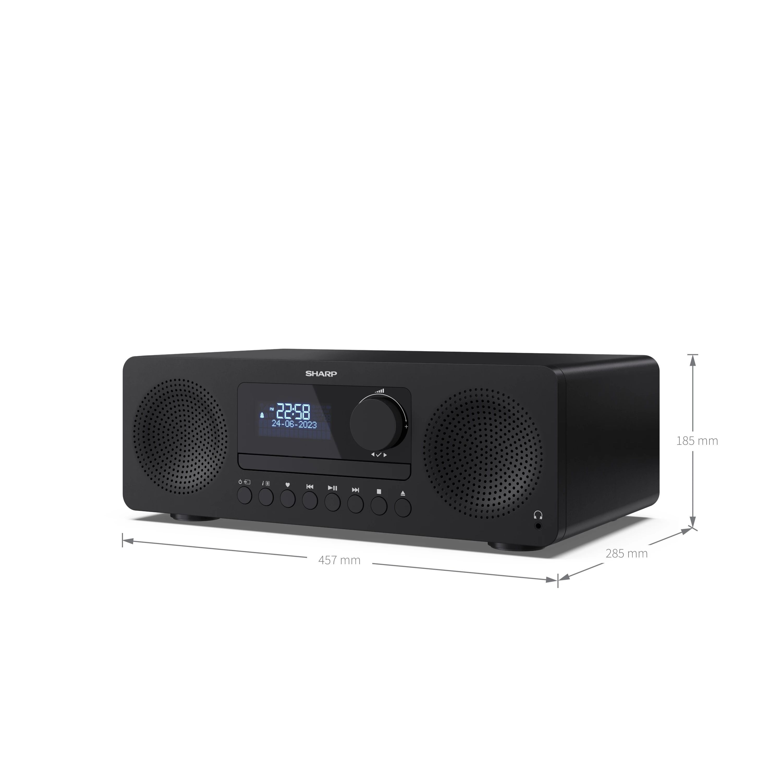 Radio estéreo negro. La radio tiene botones y una pantalla. Se muestran las dimensiones. Fondo blanco.