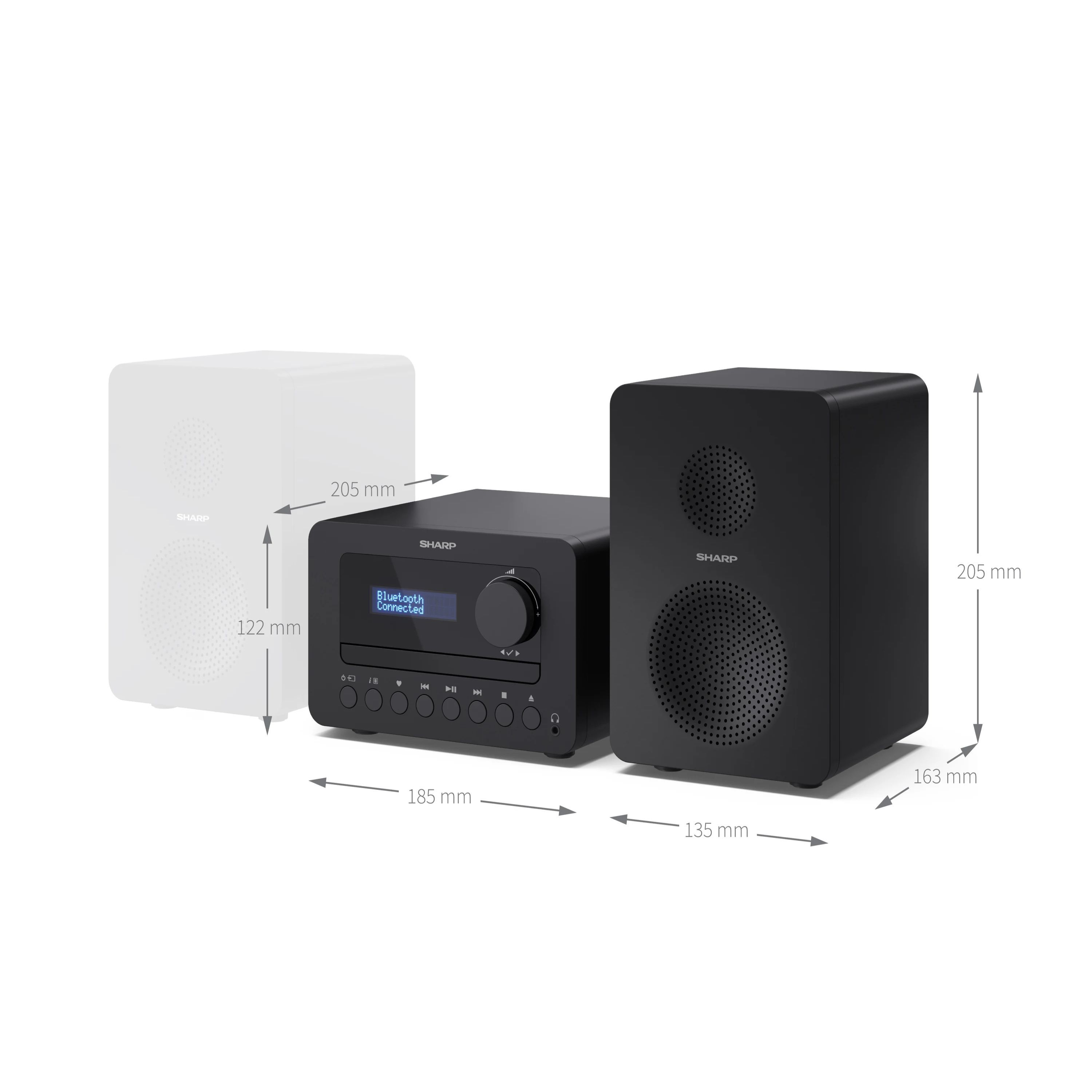 Czarno-biały system stereo z wymiarami. Pokazano system stereo z białym obrysem.