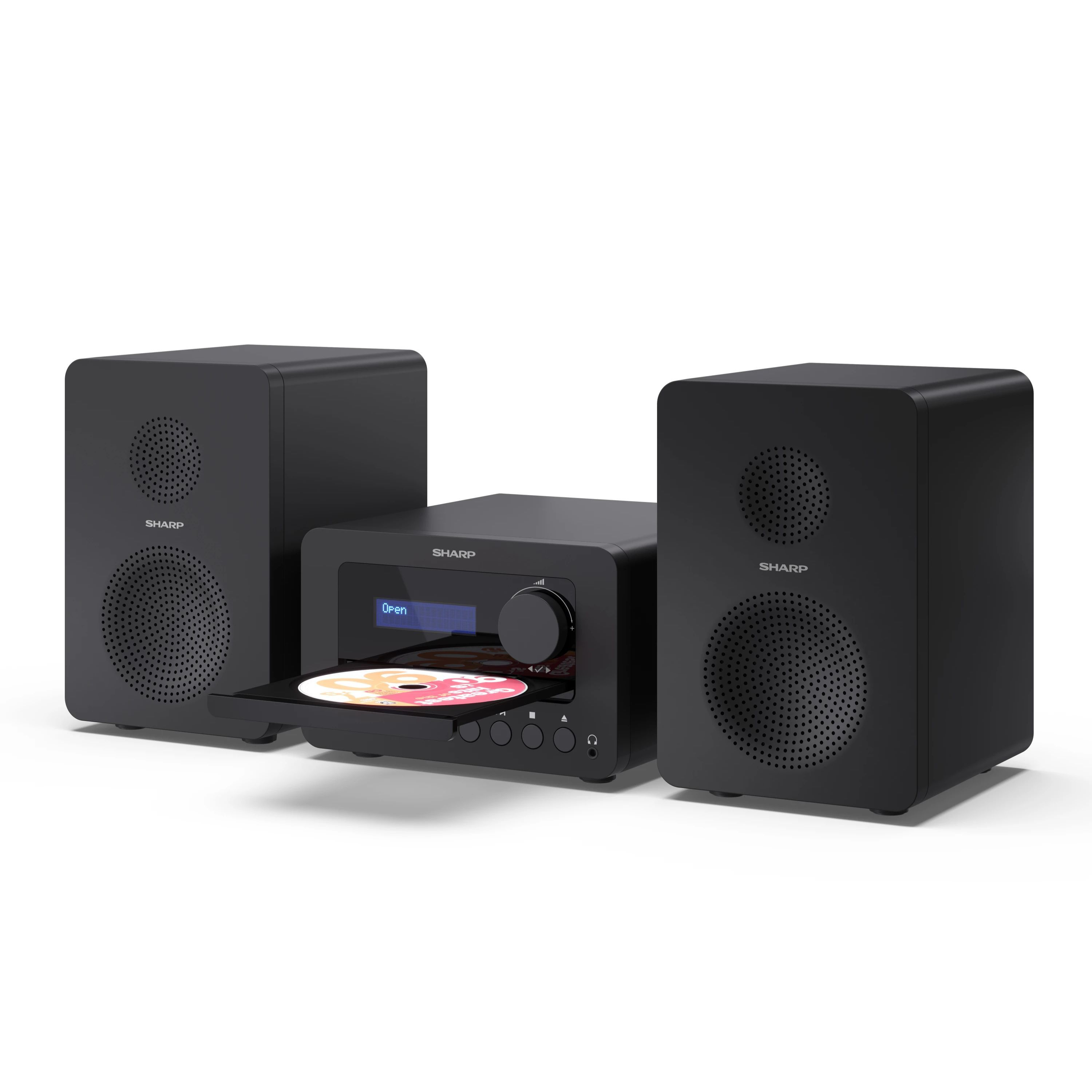 Czarny system stereo z dwoma głośnikami i jednostką centralną z odtwarzaczem CD.