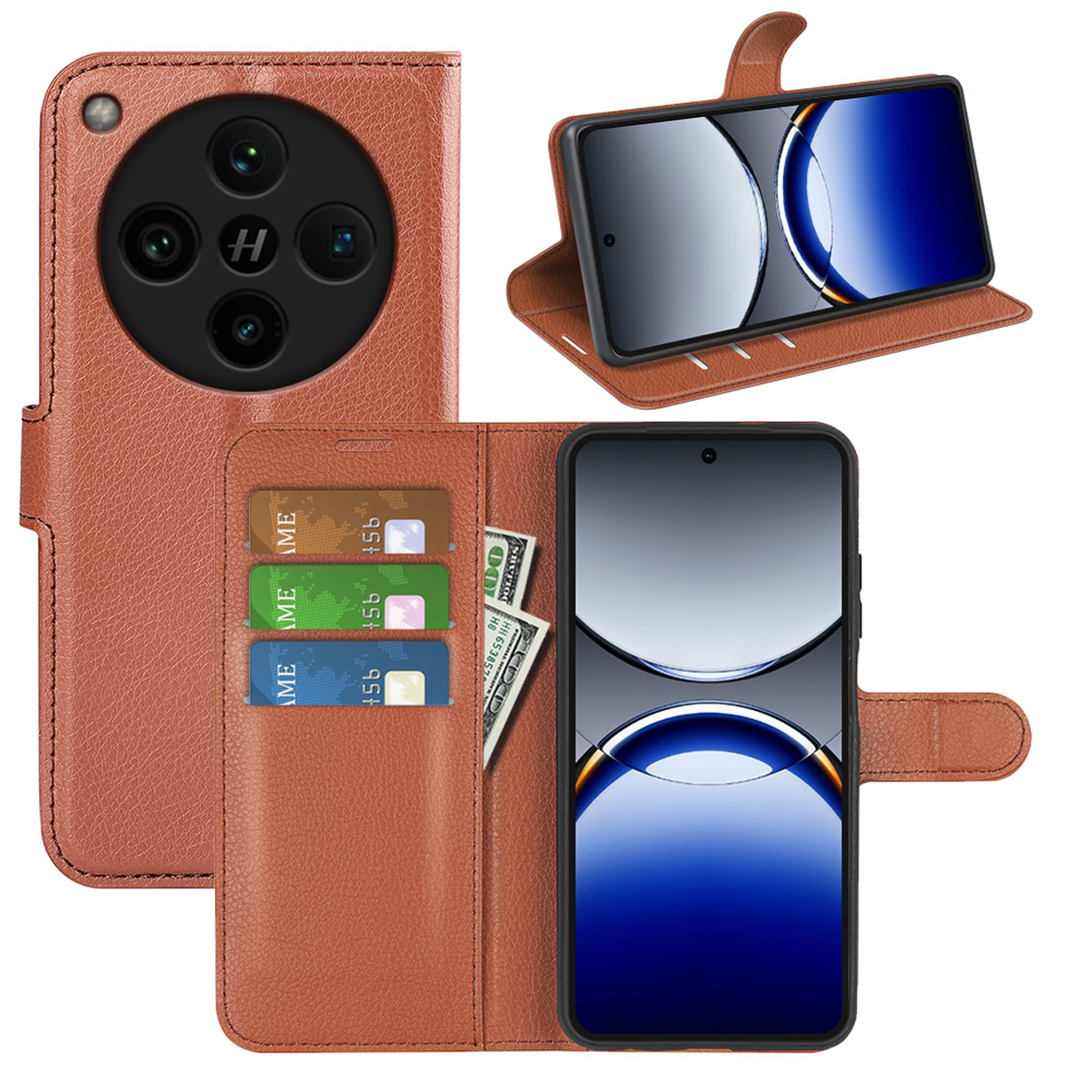 Een bruine telefoonhoes met een telefoon erin. Het heeft kaartsleuven en een geldbuidel. De telefoon heeft een camera-uitsteeksel.