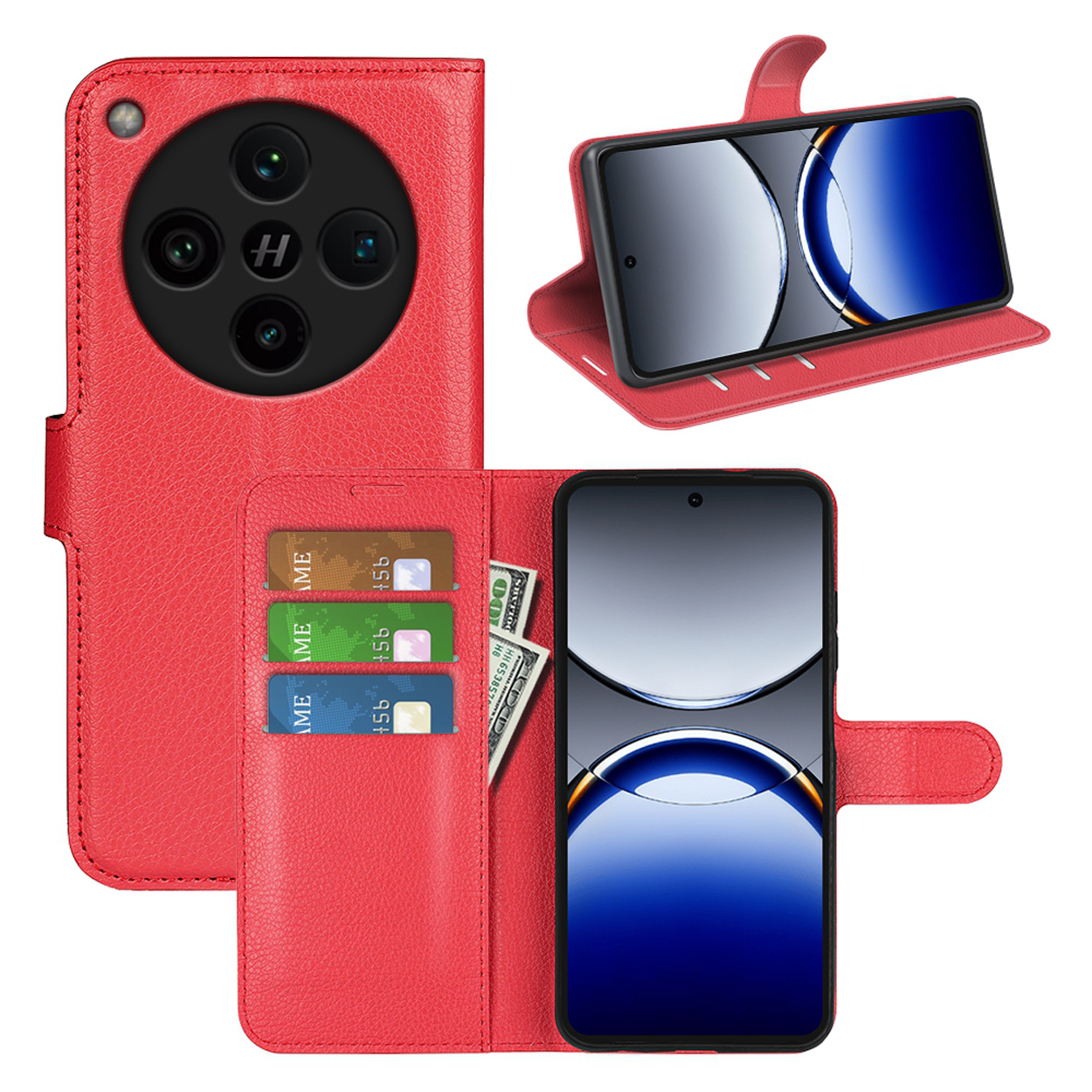 Une coque de téléphone rouge avec un téléphone à l'intérieur. Elle possède des emplacements pour cartes et une poche à argent. Le téléphone a une bosse pour l'appareil photo.