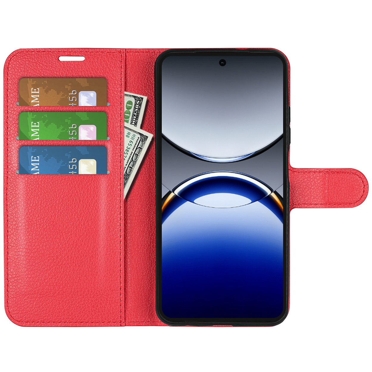 Coque de téléphone rouge avec emplacements pour cartes et argent. Un téléphone est à l'intérieur.