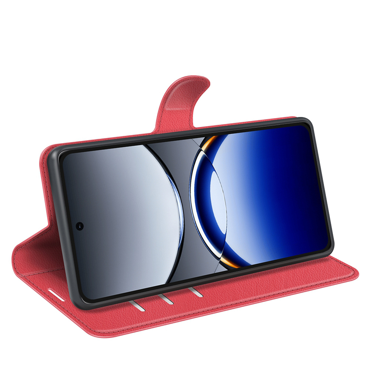 Étui de téléphone rouge ouvert avec un téléphone à l'intérieur. L'écran montre un dégradé bleu.