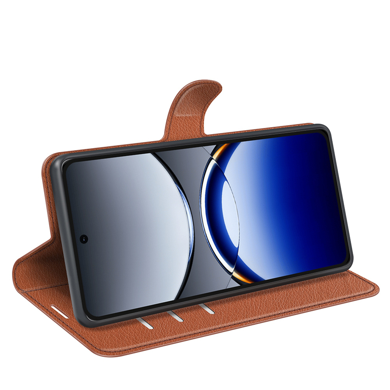 Bruine telefoonhoes open met een telefoon erin. Het scherm toont een abstract blauw-wit ontwerp.