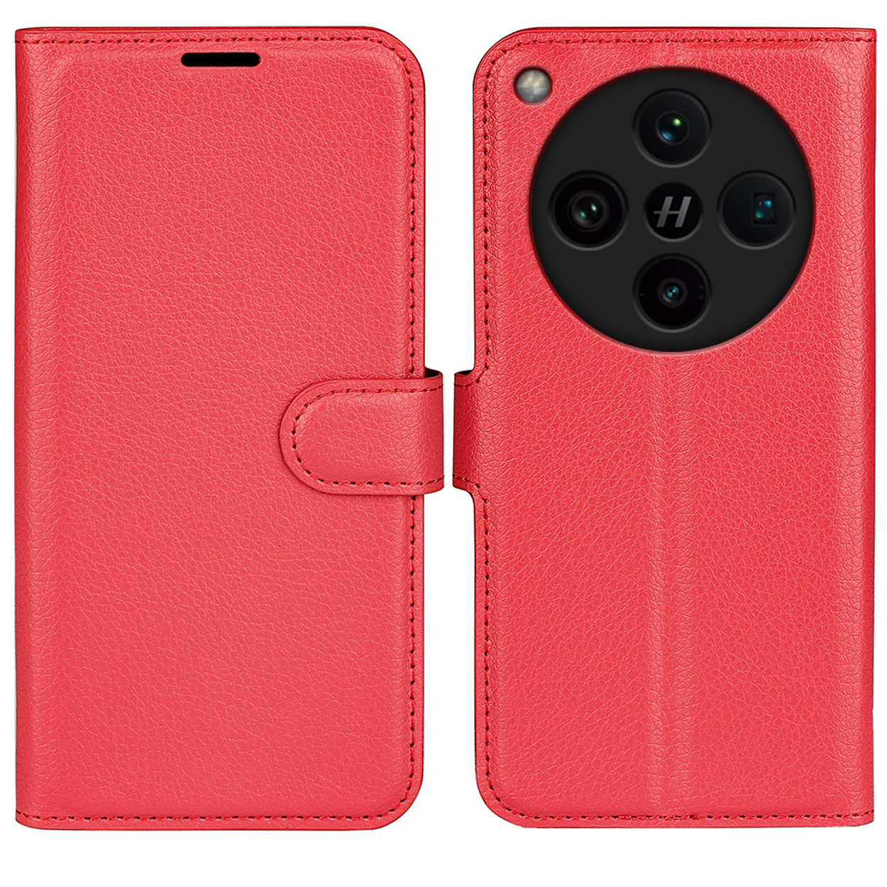 Étui de téléphone rouge avec fermoir magnétique. Ouvert, révèle un téléphone avec objectifs visibles.