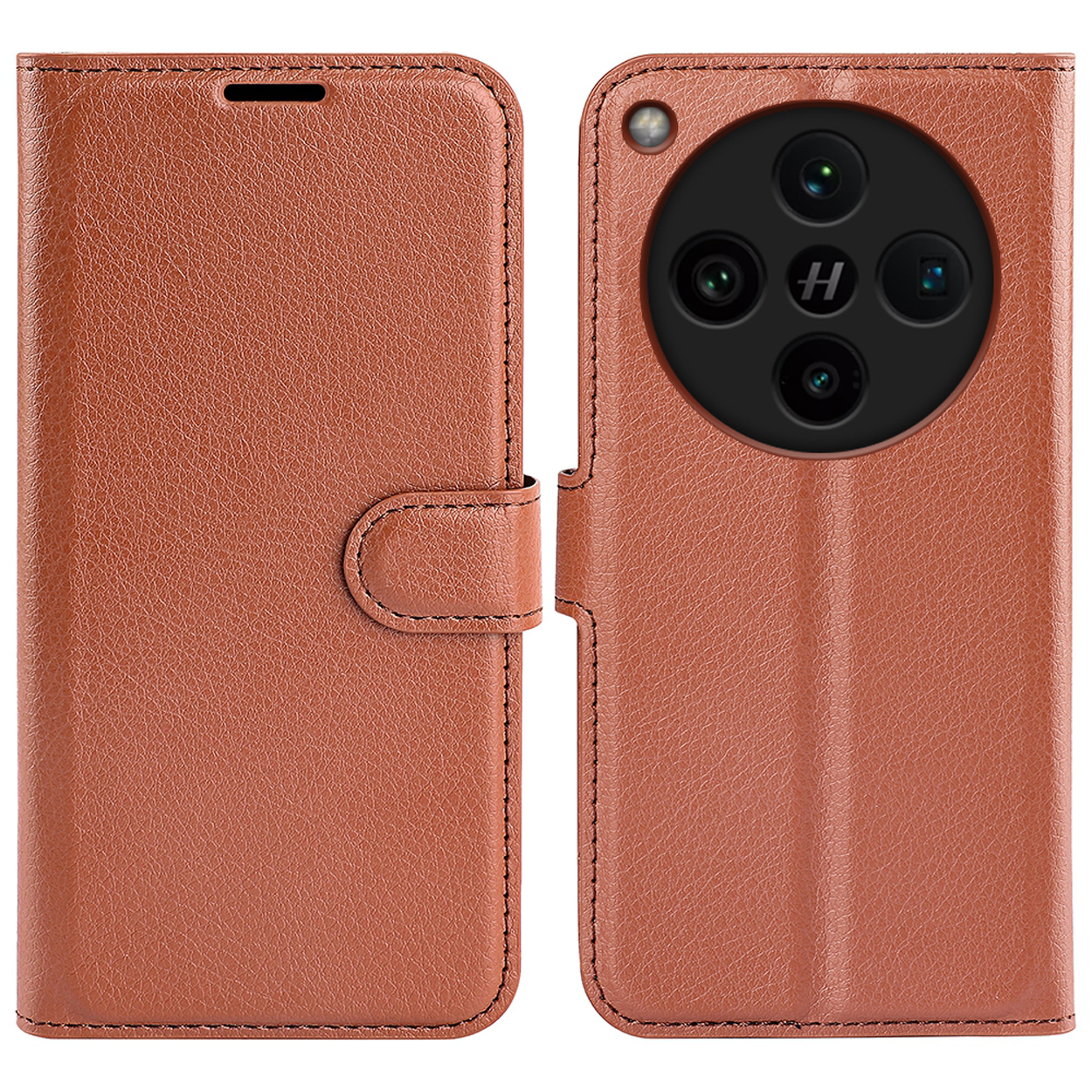 Bruine leren telefoonhoes, met de achterkant en voorkant met een sluiting.