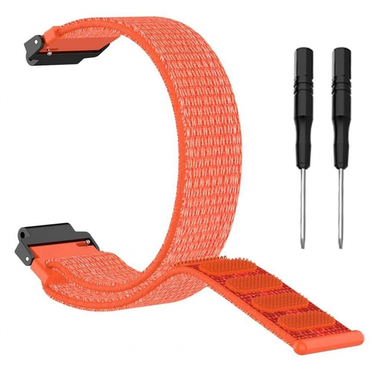 Orangenes Uhrenarmband und zwei schwarze Werkzeuge auf weißem Hintergrund.