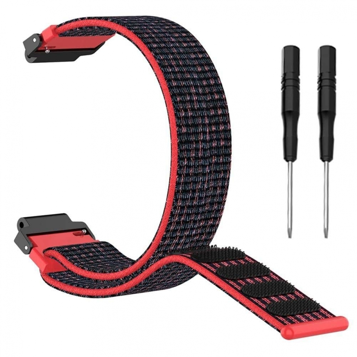 Schwarz-rotes Uhrenarmband mit zwei schwarzen Schraubendrehern.