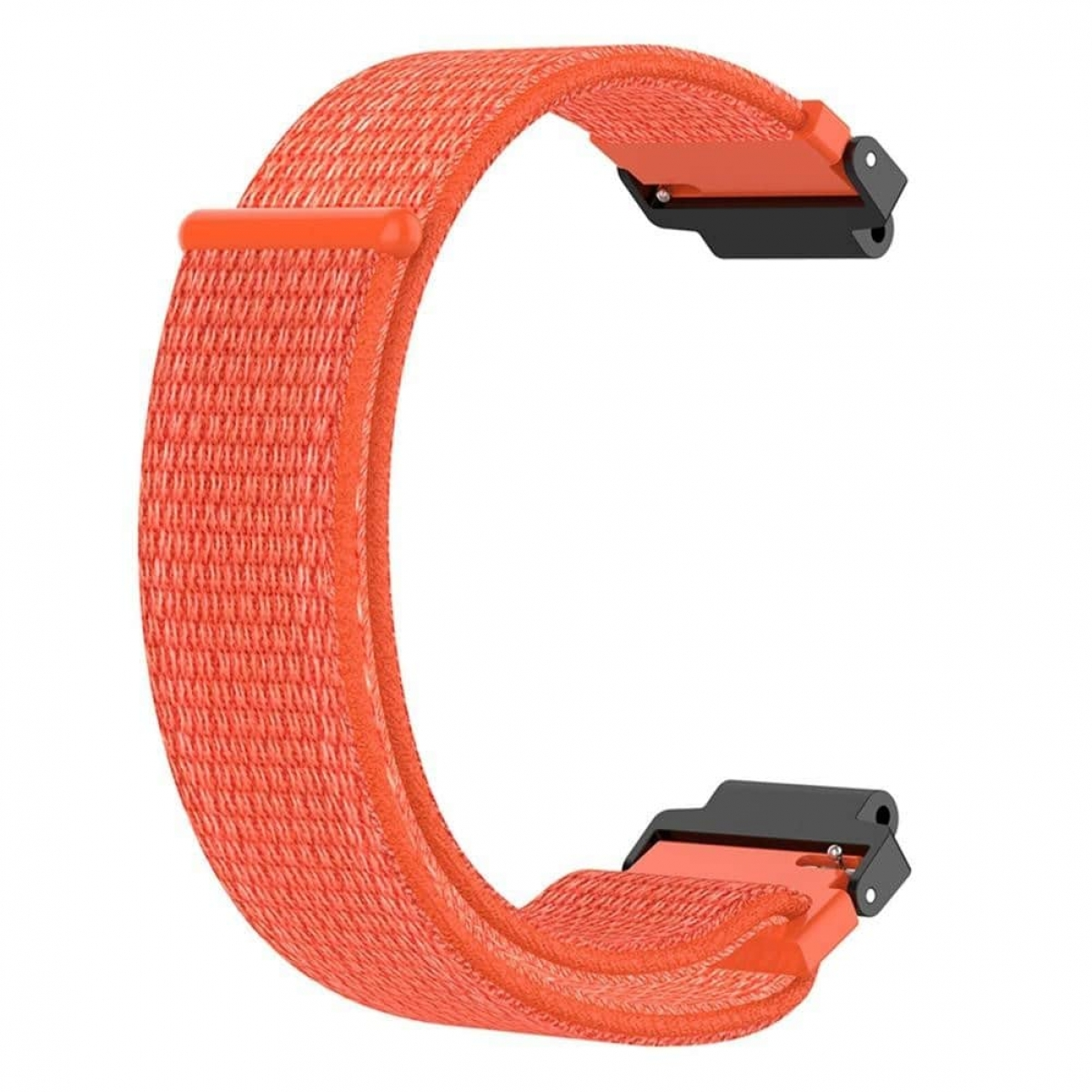Ein orangefarbenes Uhrenarmband in C-Form. Das Band ist strukturiert und hat schwarze Anschlüsse.