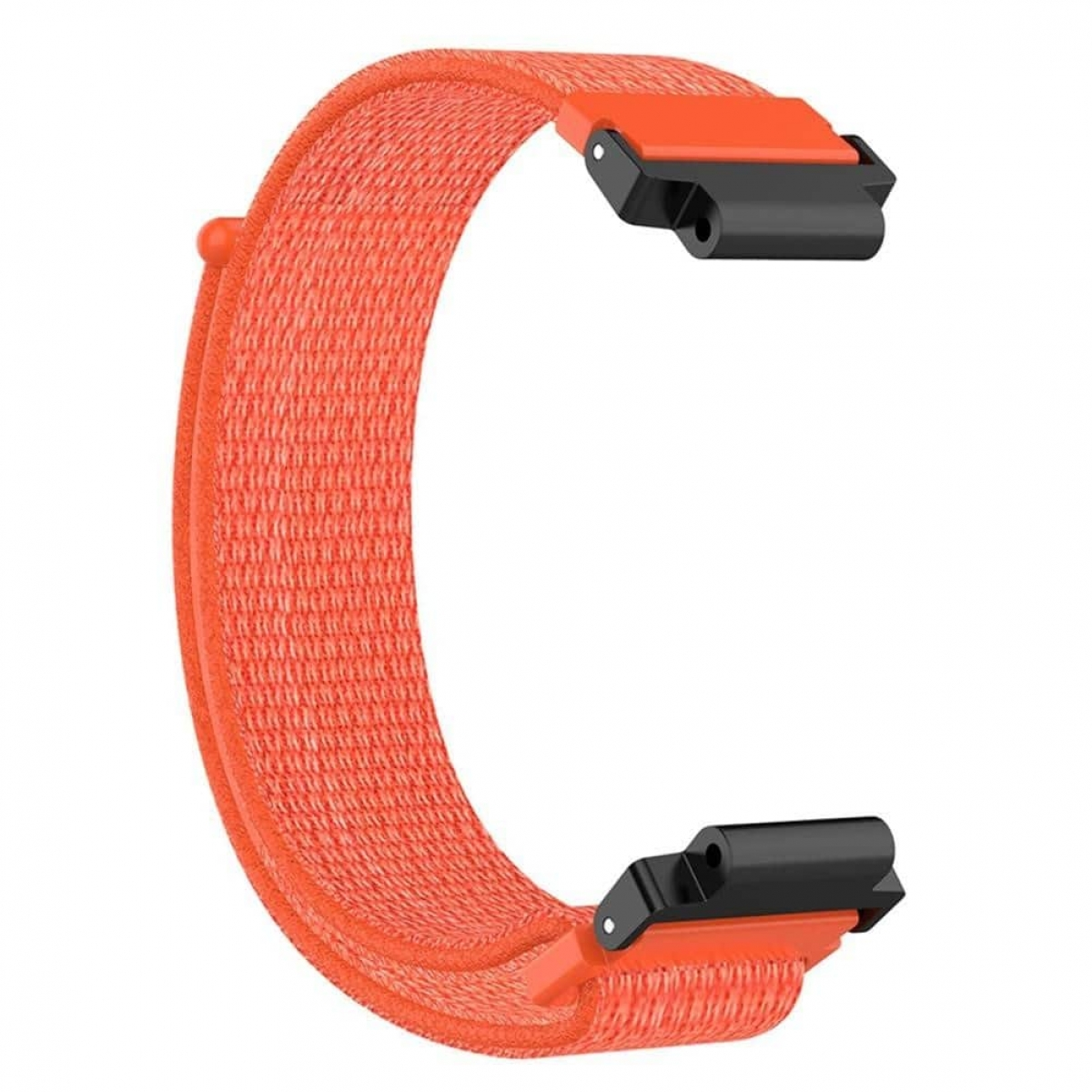 Oranges Uhrenarmband mit schwarzen Verschlüssen. Zeigt gebogenes Design mit zwei Punkten.
