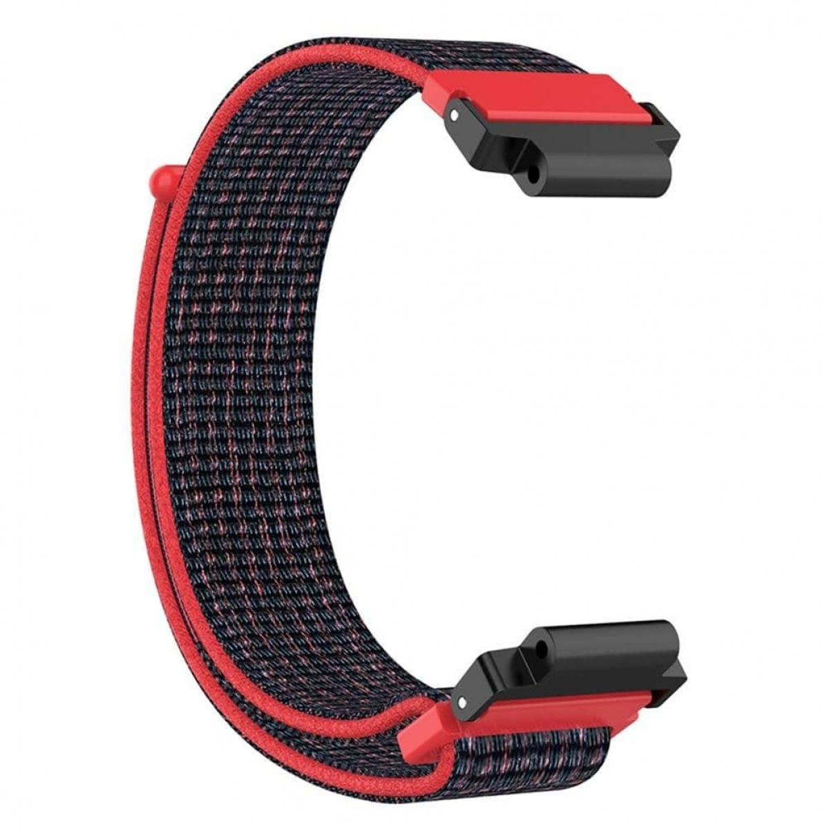 Ein Armband mit schwarz-rotem Design und roten und schwarzen Kunststoffverbindern.